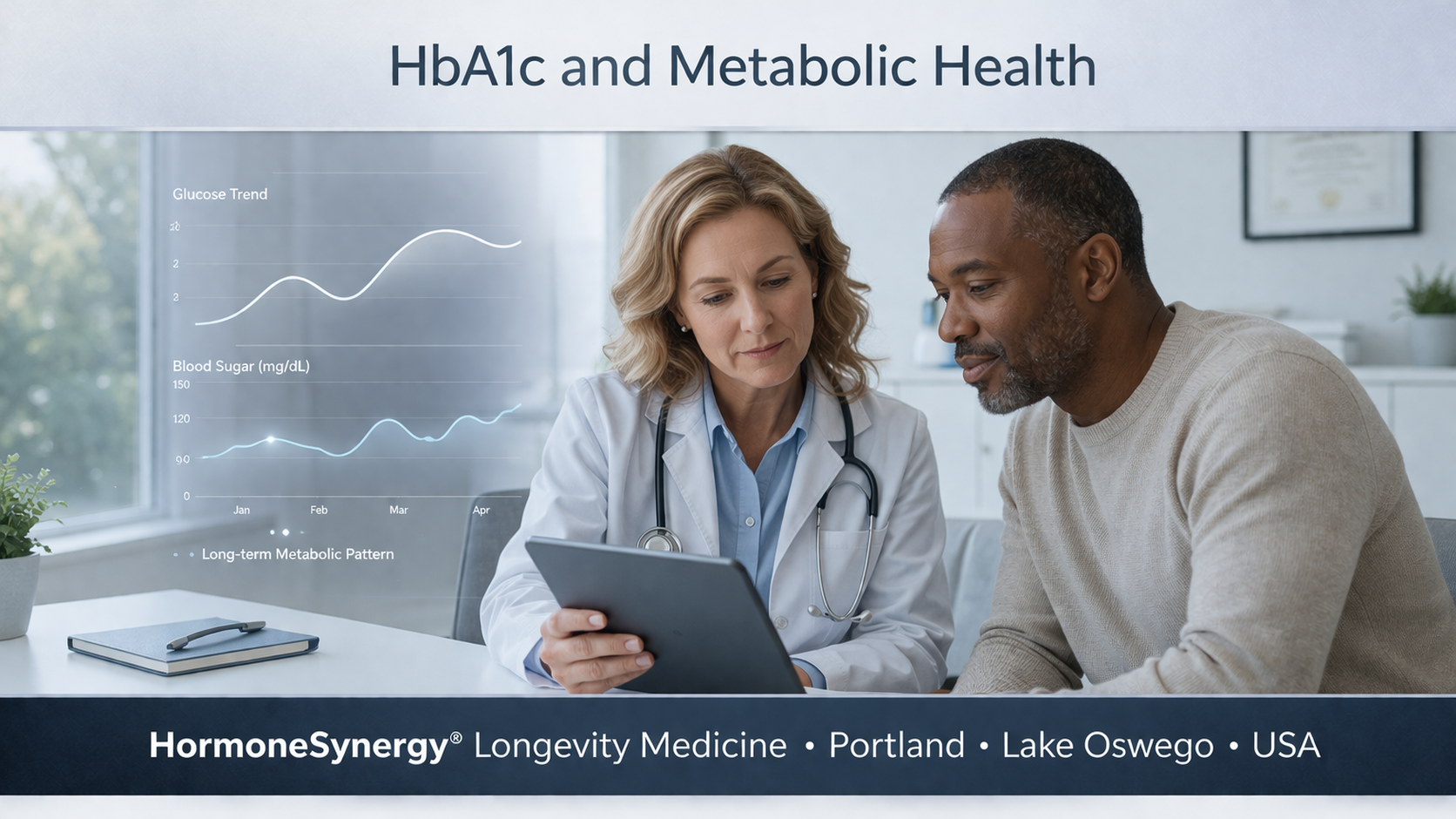 HbA1c and metabolic health concept showing physician reviewing blood sugar and long term glucose markers with patient in clinical setting HormoneSynergy Portland Oregon USA