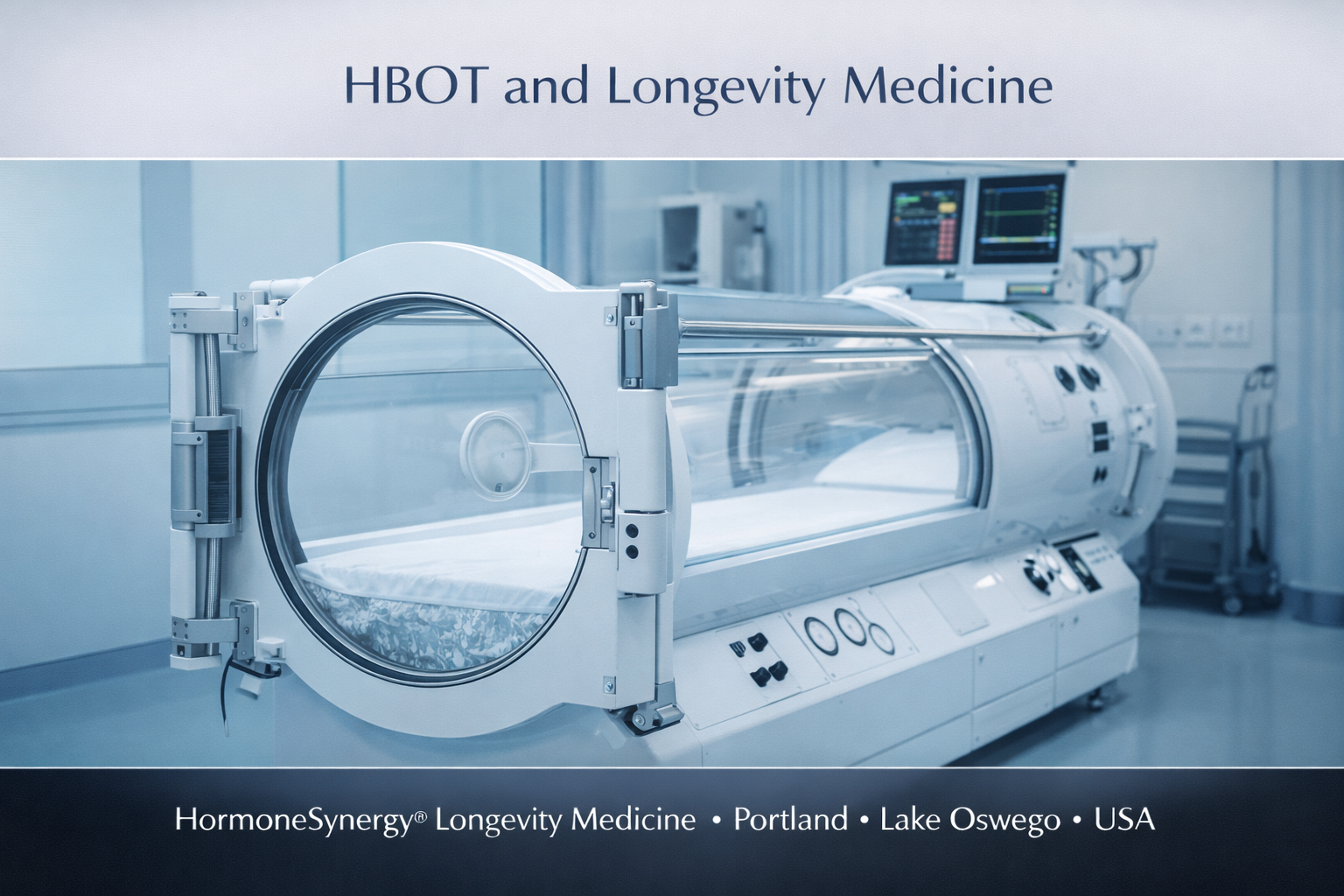 Hospital-grade hyperbaric oxygen chamber in a clean clinical setting representing HBOT and longevity medicine