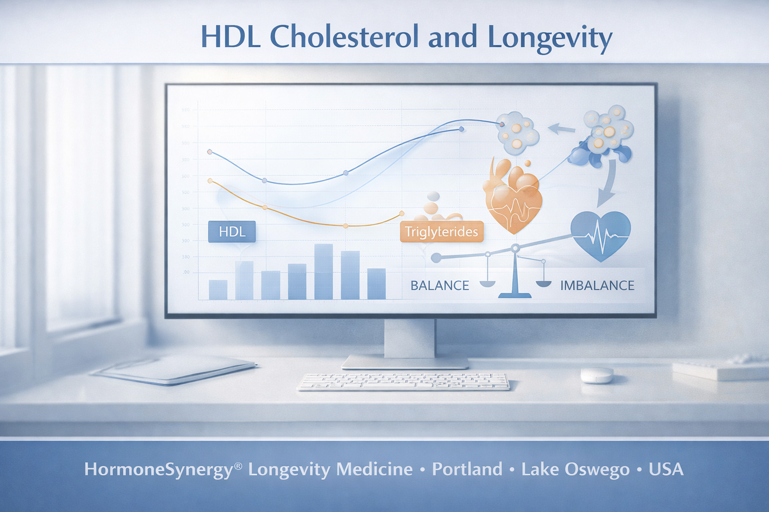 HDL cholesterol and metabolic health concept showing lipid trends and cardiovascular patterns in clean clinical display HormoneSynergy Portland Oregon USA