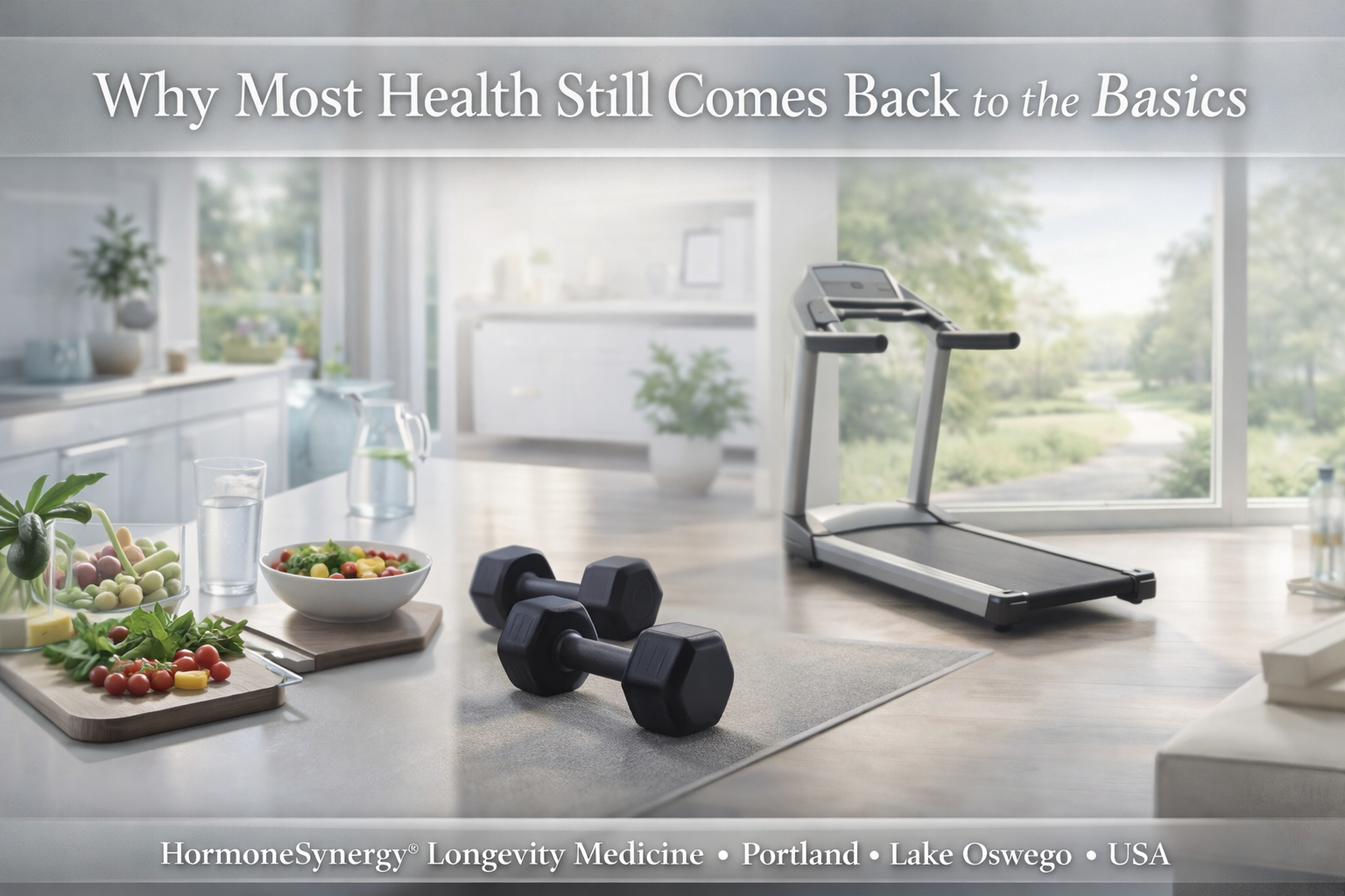 Clinical illustration of foundational health habits including sleep, nutrition, resistance training, and cardiovascular fitness for long-term longevity