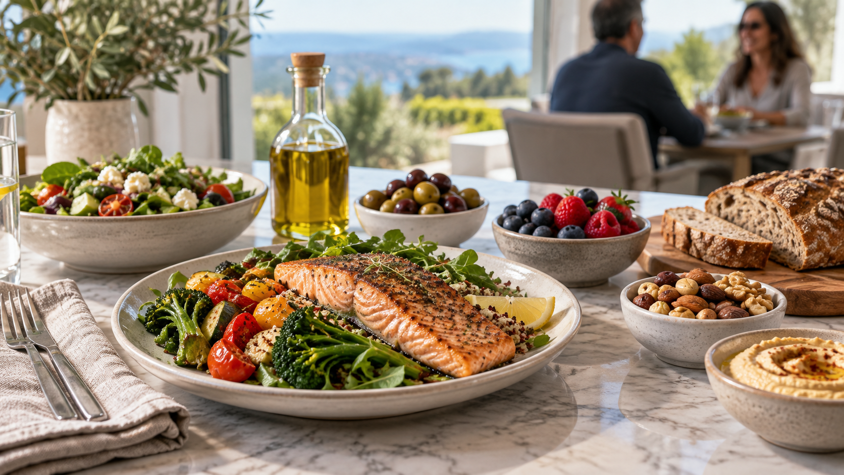Mediterranean-style longevity diet with fish vegetables legumes olive oil nuts berries and whole foods