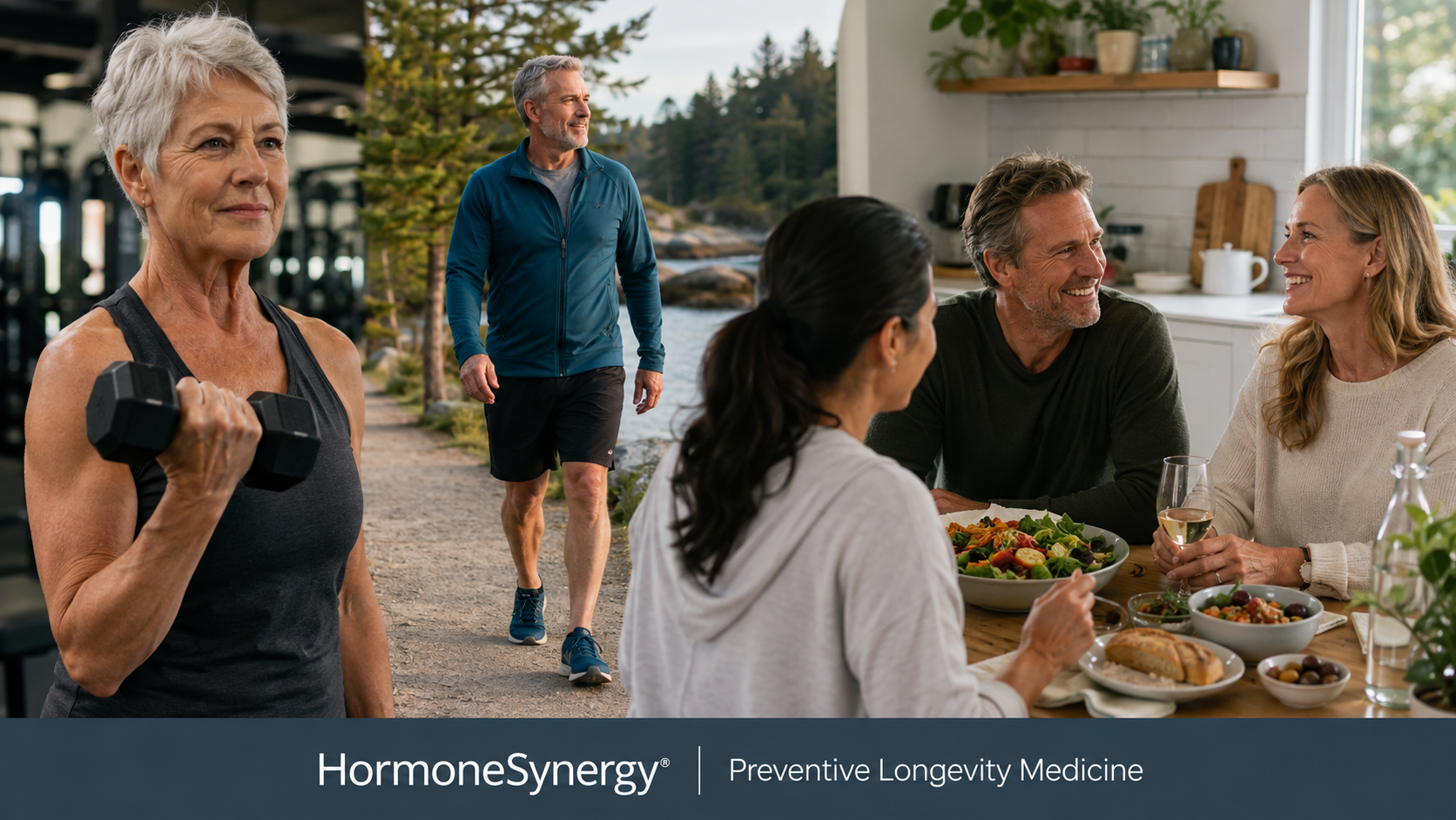 Healthy adults exercising, eating well and staying socially connected as part of a preventive longevity lifestyle.