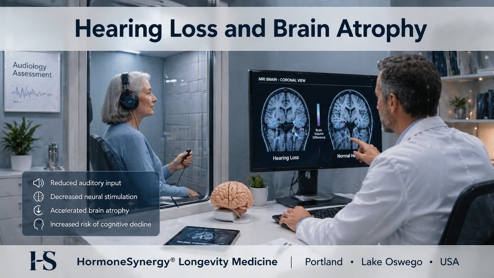 Clinical visualization of hearing loss connection to brain atrophy and cognitive decline