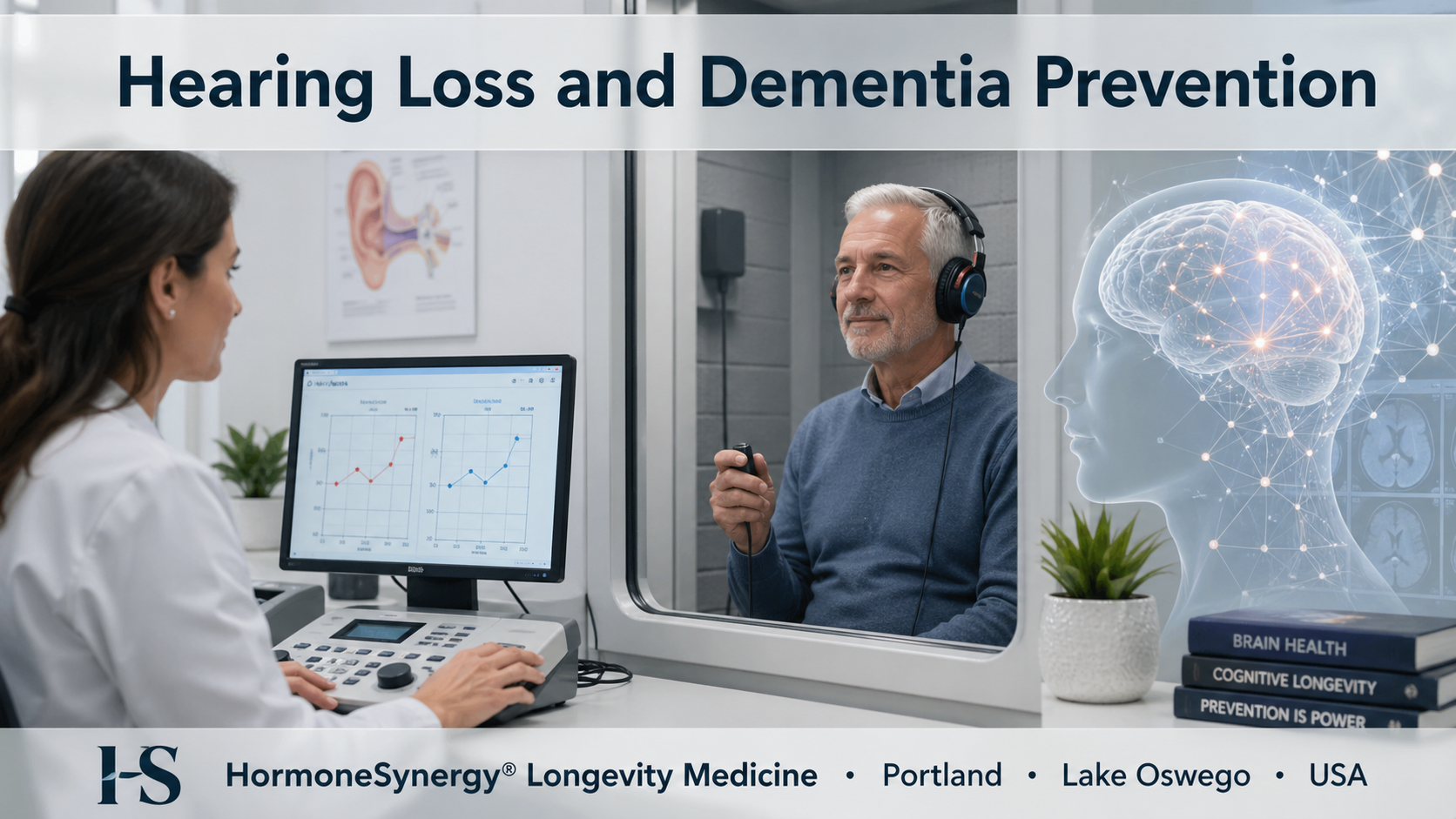 Clinical audiology evaluation representing the connection between hearing loss and dementia risk in longevity medicine