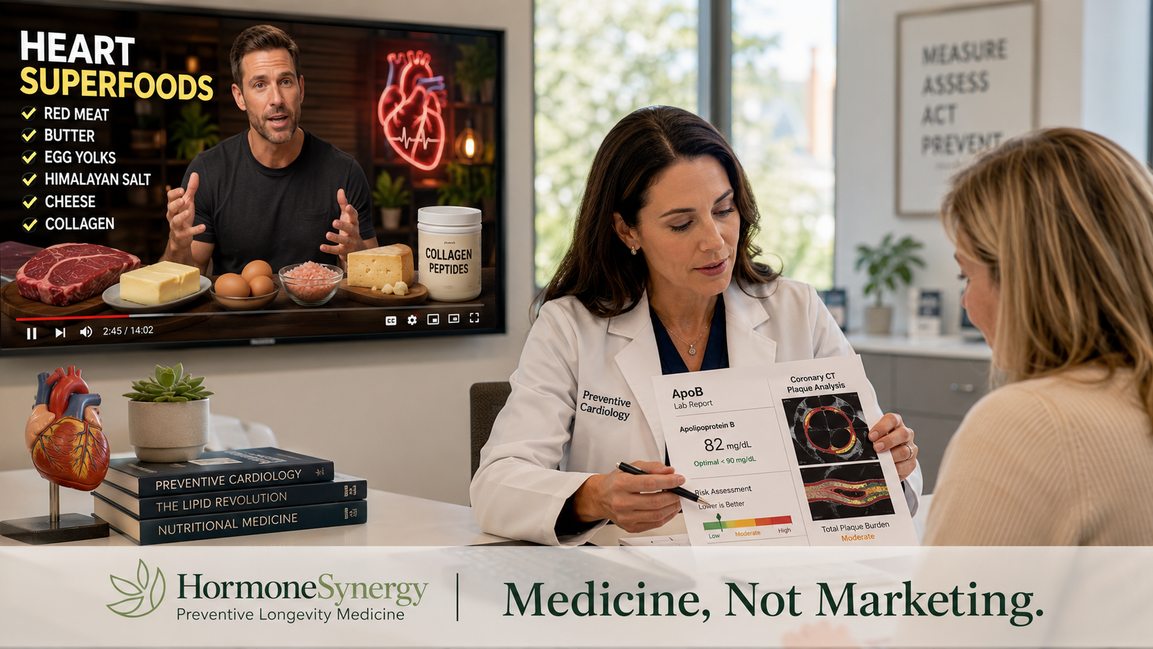Preventive cardiology physician reviewing ApoB and arterial imaging while a generic wellness influencer promotes butter, red meat, eggs and salt as heart superfoods.