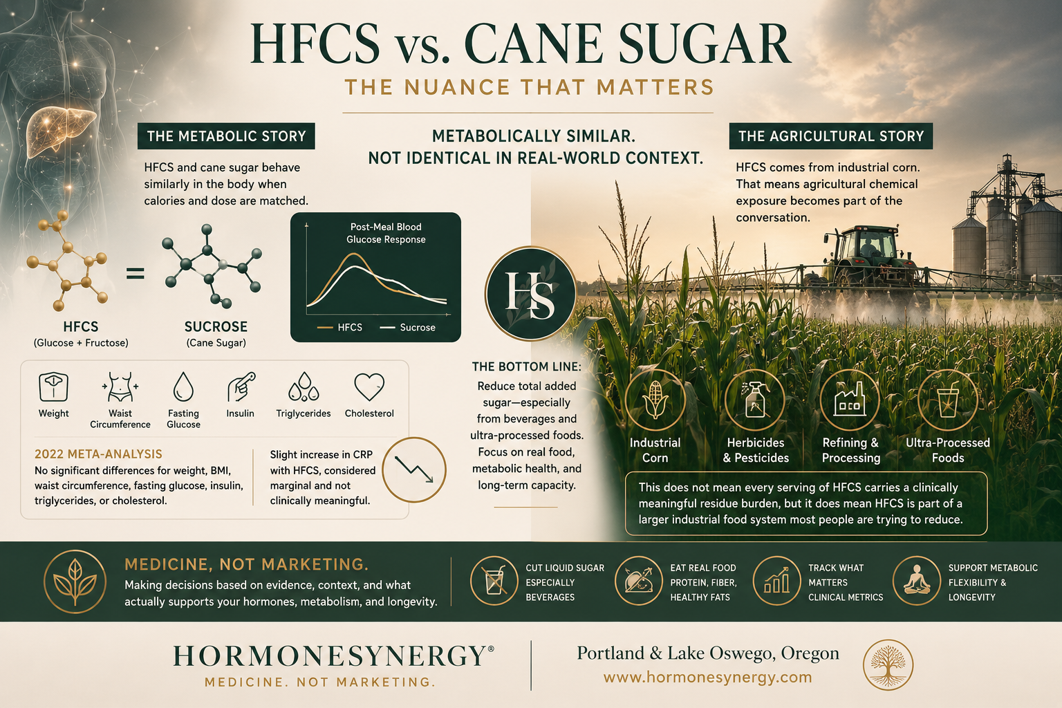 HormoneSynergy editorial image comparing high-fructose corn syrup, cane sugar, metabolic health, and industrial corn agriculture exposure in Portland and Lake Oswego.