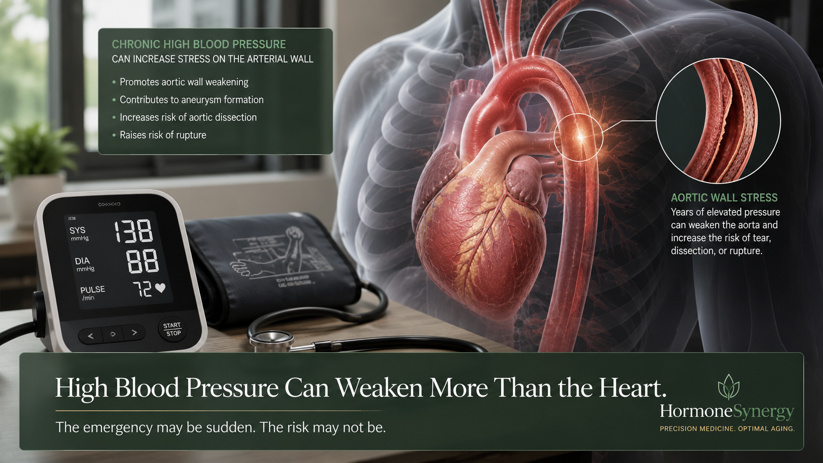 Medical illustration of the heart and thoracic aorta beside a blood-pressure monitor, showing how chronic hypertension can place stress on the aortic wall.