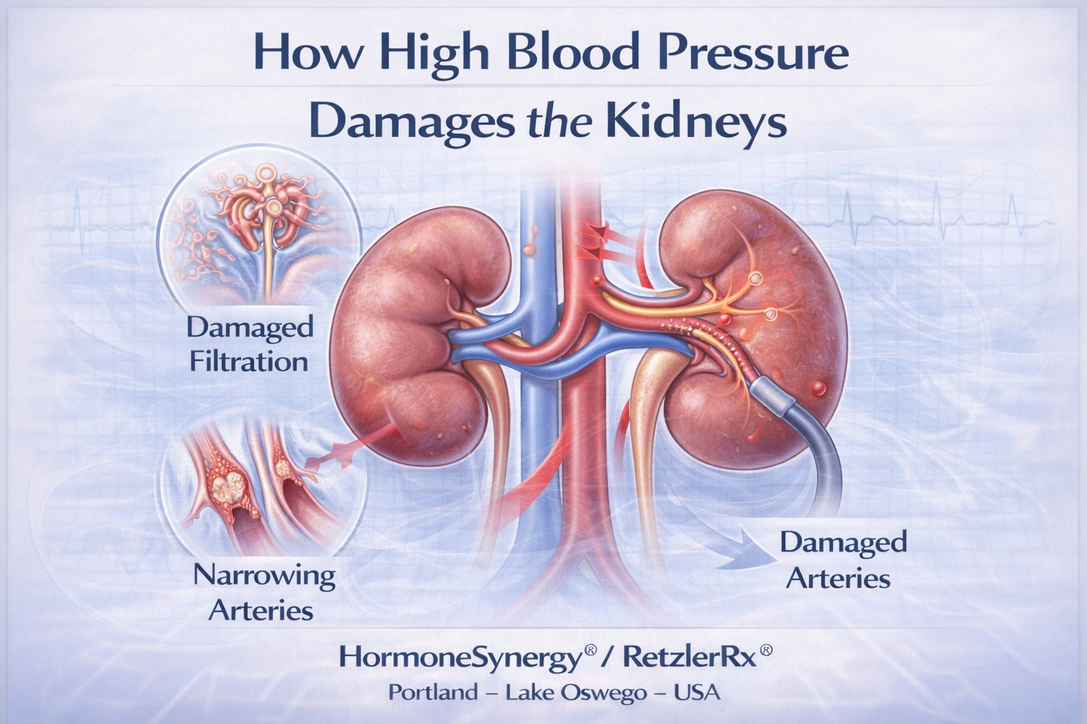 Medical illustration showing how high blood pressure damages kidney arteries and filtration units, increasing risk of chronic kidney disease – HormoneSynergy preventive cardiology and longevity clinic Portland Lake Oswego Oregon USA