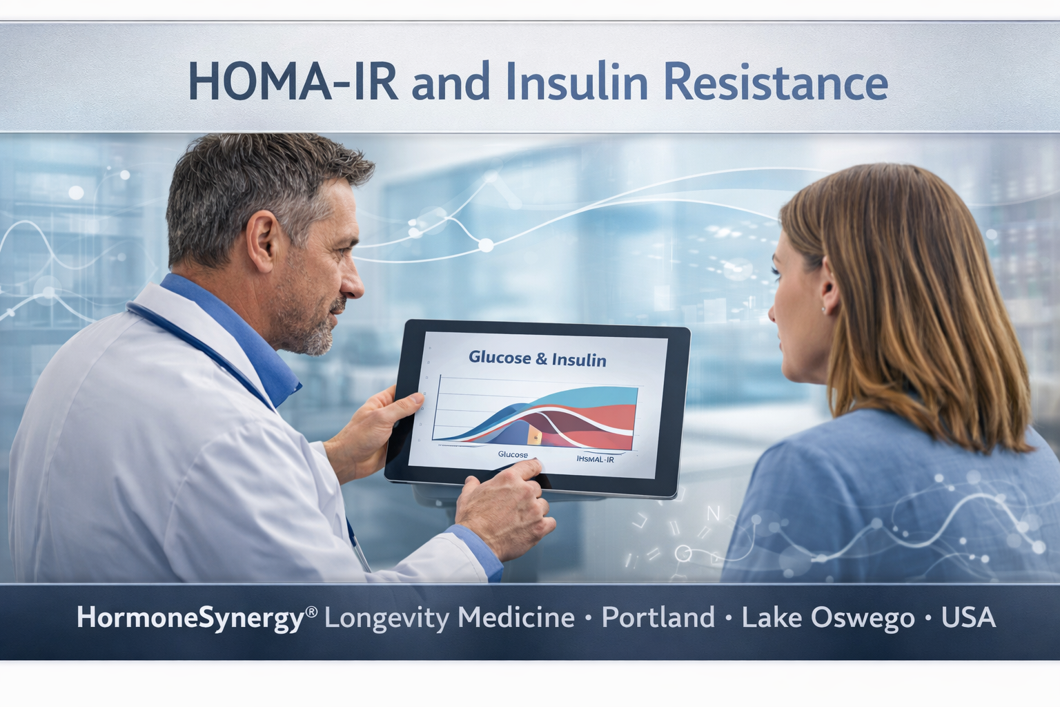 HOMA IR insulin resistance concept showing physician reviewing glucose and insulin relationship data in clinical setting HormoneSynergy Portland Oregon USA