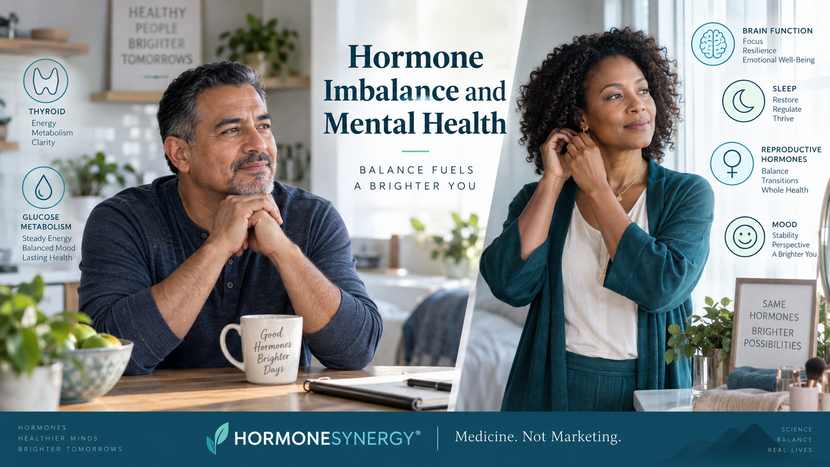 Midlife man and woman representing the relationship between hormones, mood, energy, sleep, cognition and mental health.