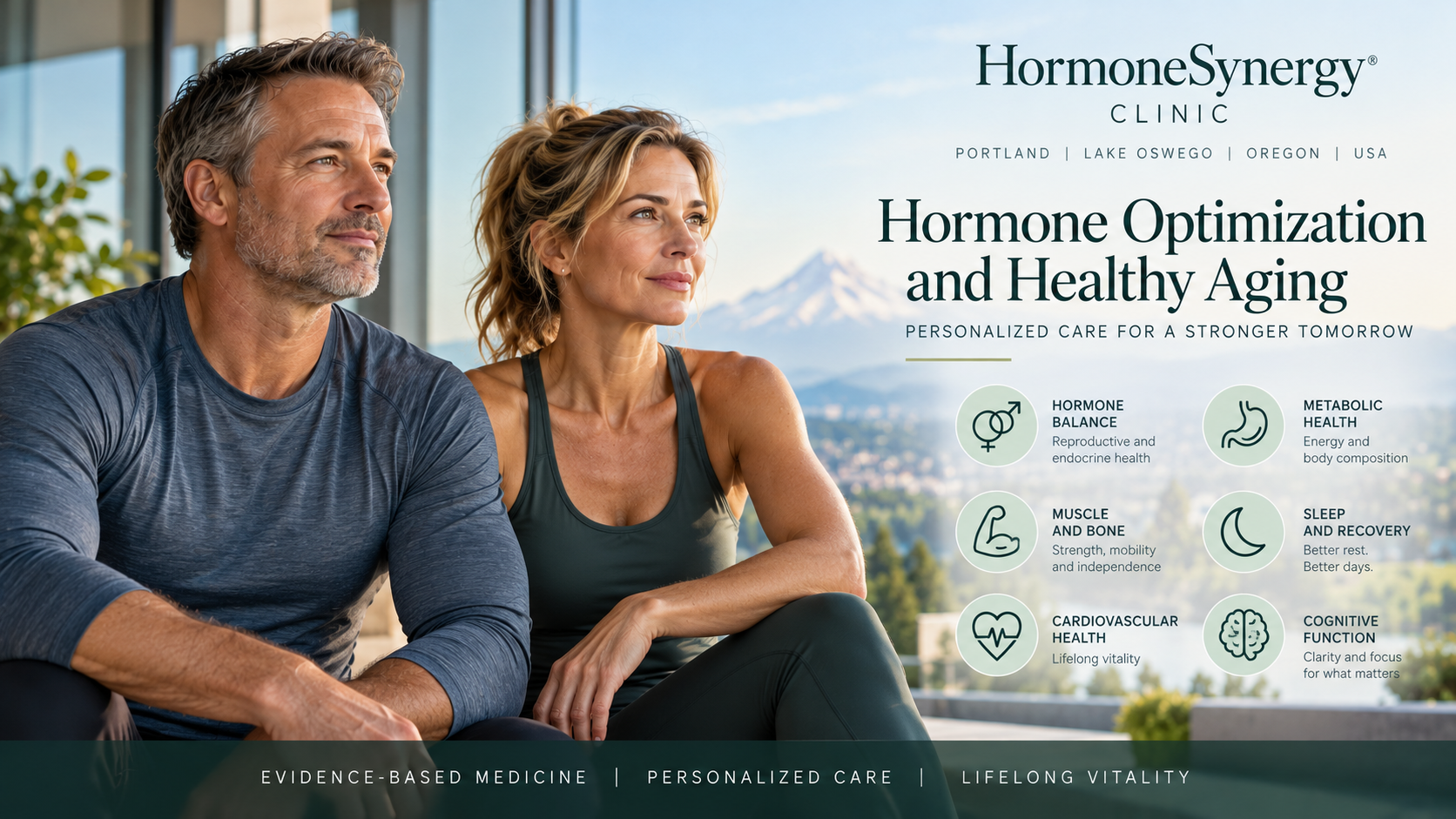 Healthy middle-aged man and woman representing hormone optimization and healthy aging, with a focus on metabolic health, muscle and bone strength, cardiovascular health, sleep, and cognitive function at HormoneSynergy® Clinic.