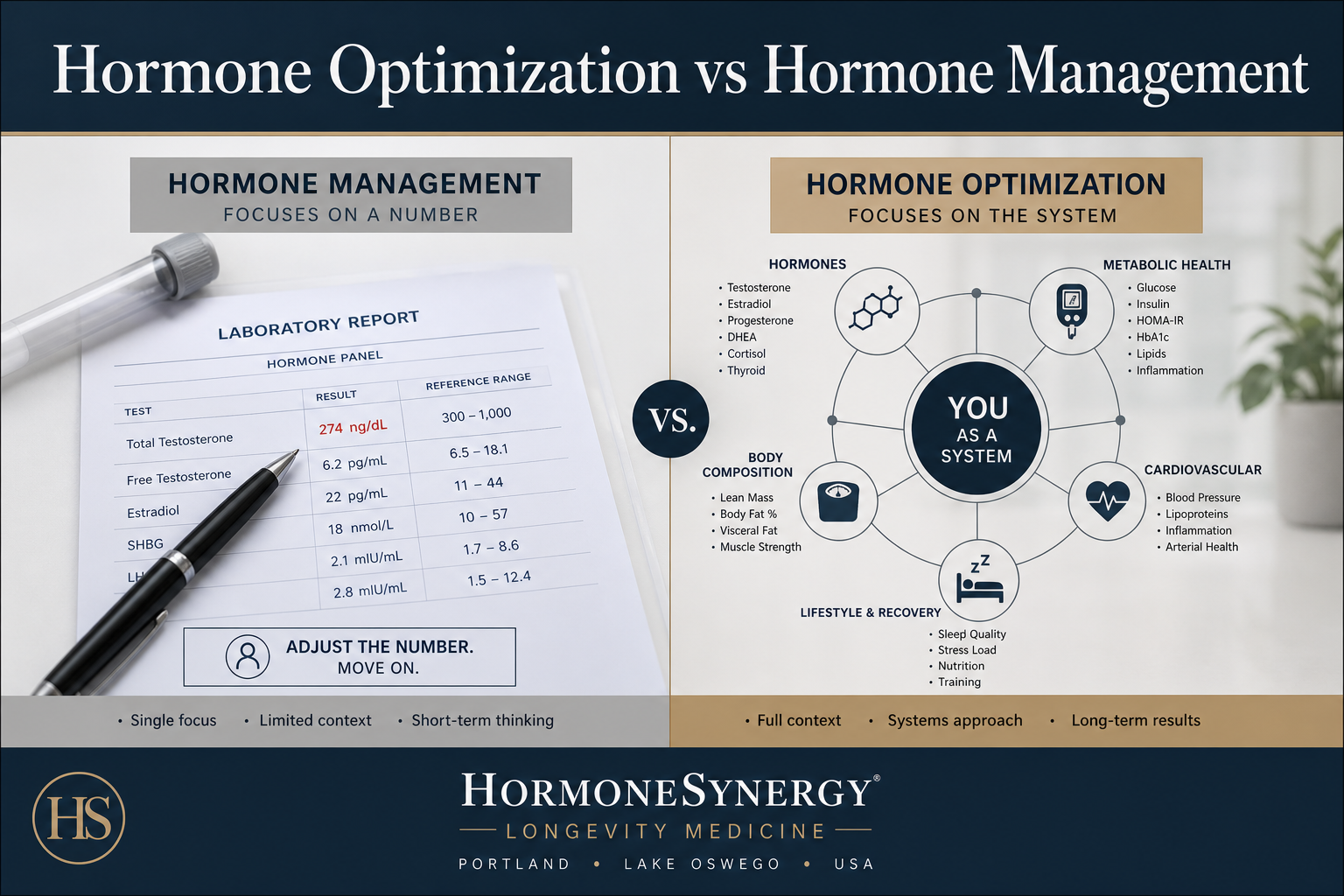 Clinical comparison showing hormone management versus full system hormone optimization approach