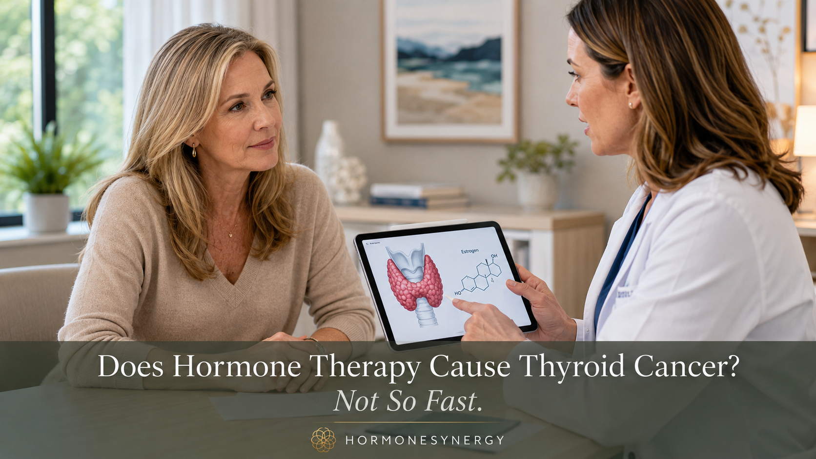 Midlife woman discussing menopausal hormone therapy and thyroid cancer research with a clinician in a preventive medicine consultation.