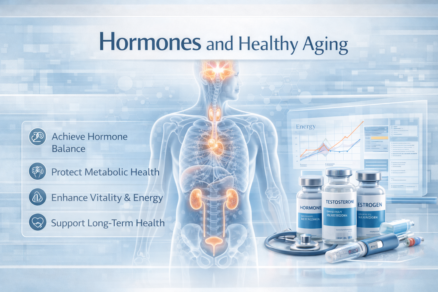 Hormone optimization for longevity showing testosterone and estrogen balance supporting healthy aging metabolism brain health and vitality HormoneSynergy® Longevity Medicine Portland • Lake Oswego • USA