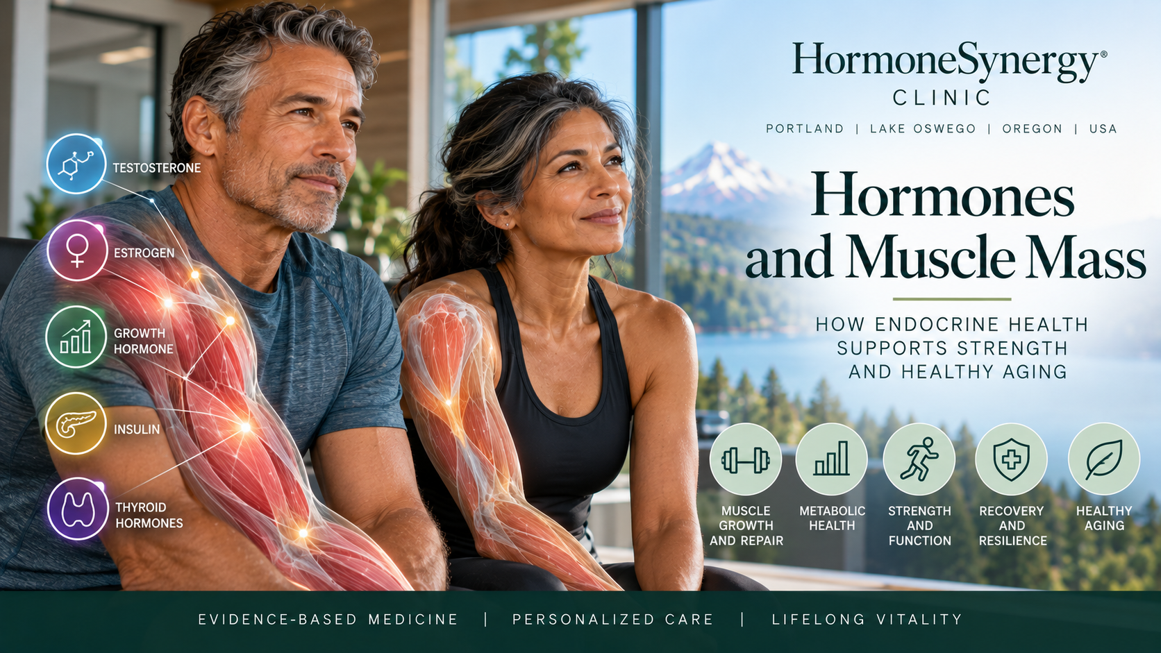 South Asian woman in her 60s with illustrations of skeletal muscle and hormonal signaling, representing the role of endocrine health in strength, metabolism, and healthy aging.