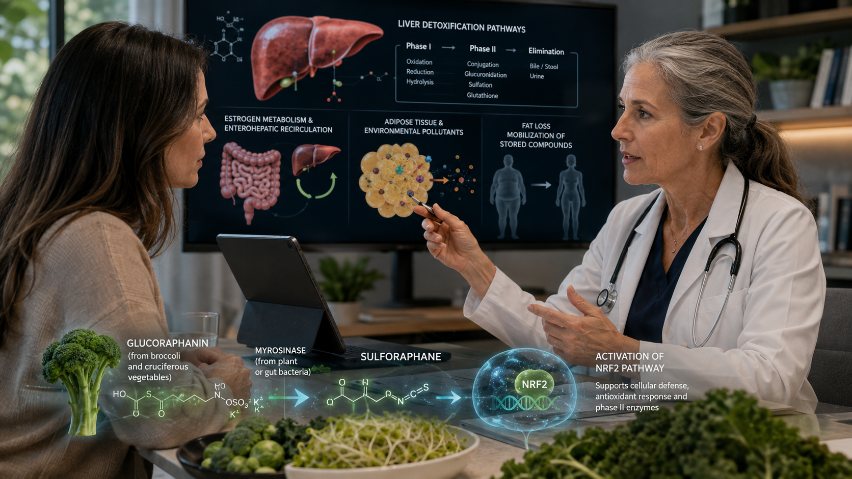 Physician discussing hormone metabolism, weight loss and sulforaphane with a patient alongside cruciferous vegetables and liver metabolism imagery.