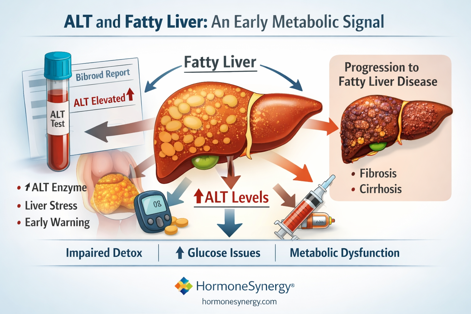 ALT clinical illustration showing liver stress, fatty liver patterns, and early metabolic dysfunction relationship
