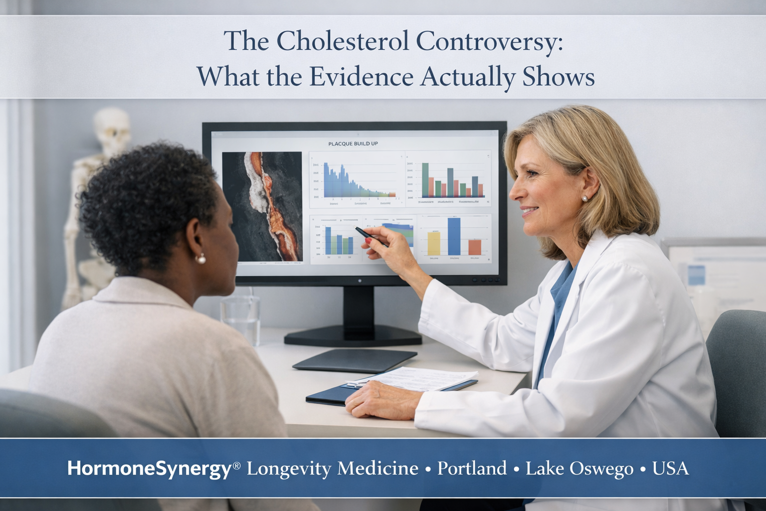 Woman physician reviewing cardiovascular risk data with patient in a preventive cardiology setting, HormoneSynergy® Longevity Medicine Portland Lake Oswego USA