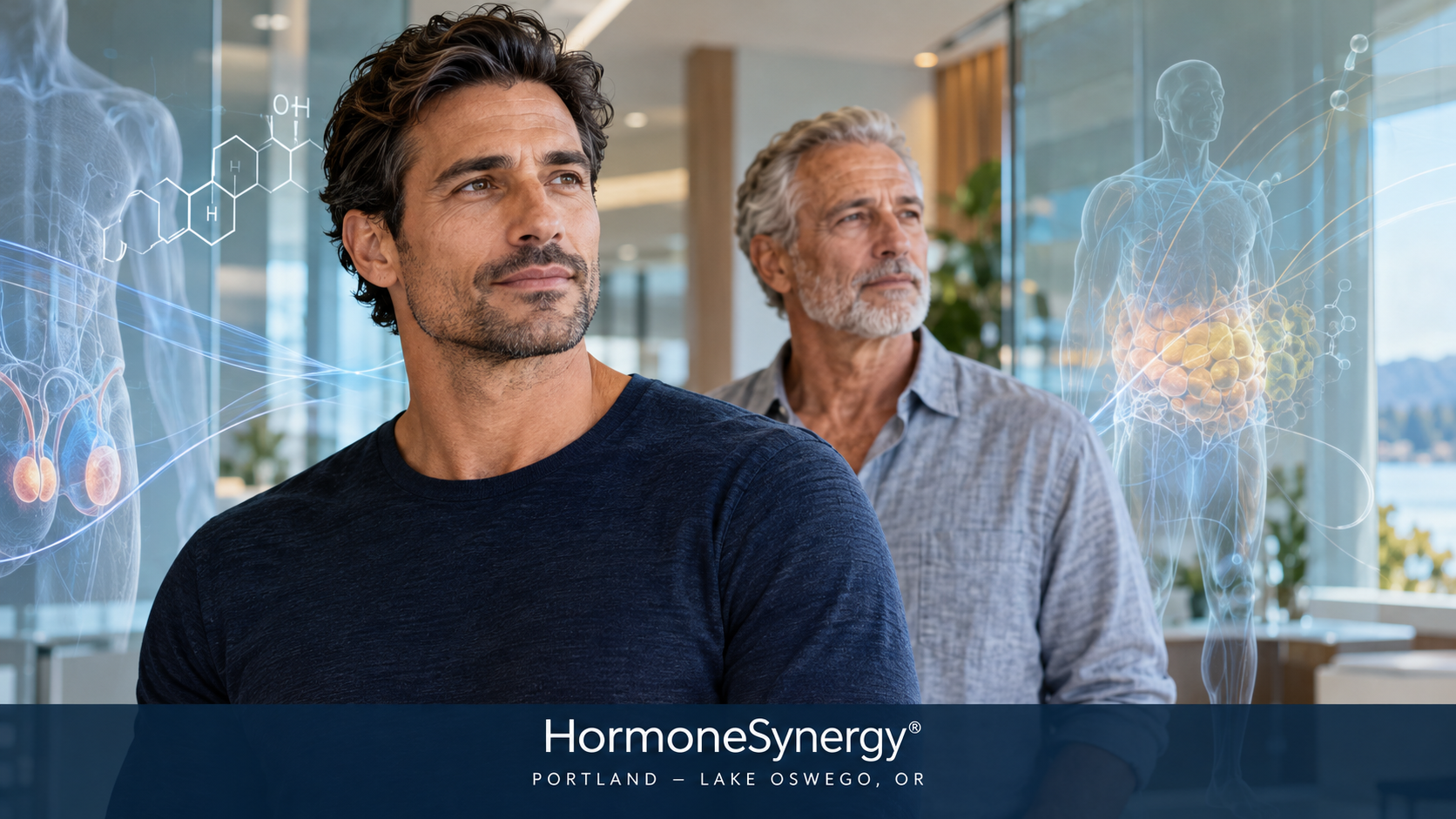 Men representing different generations in a HormoneSynergy clinical editorial image about testosterone decline, male reproductive health, metabolism, and longevity.