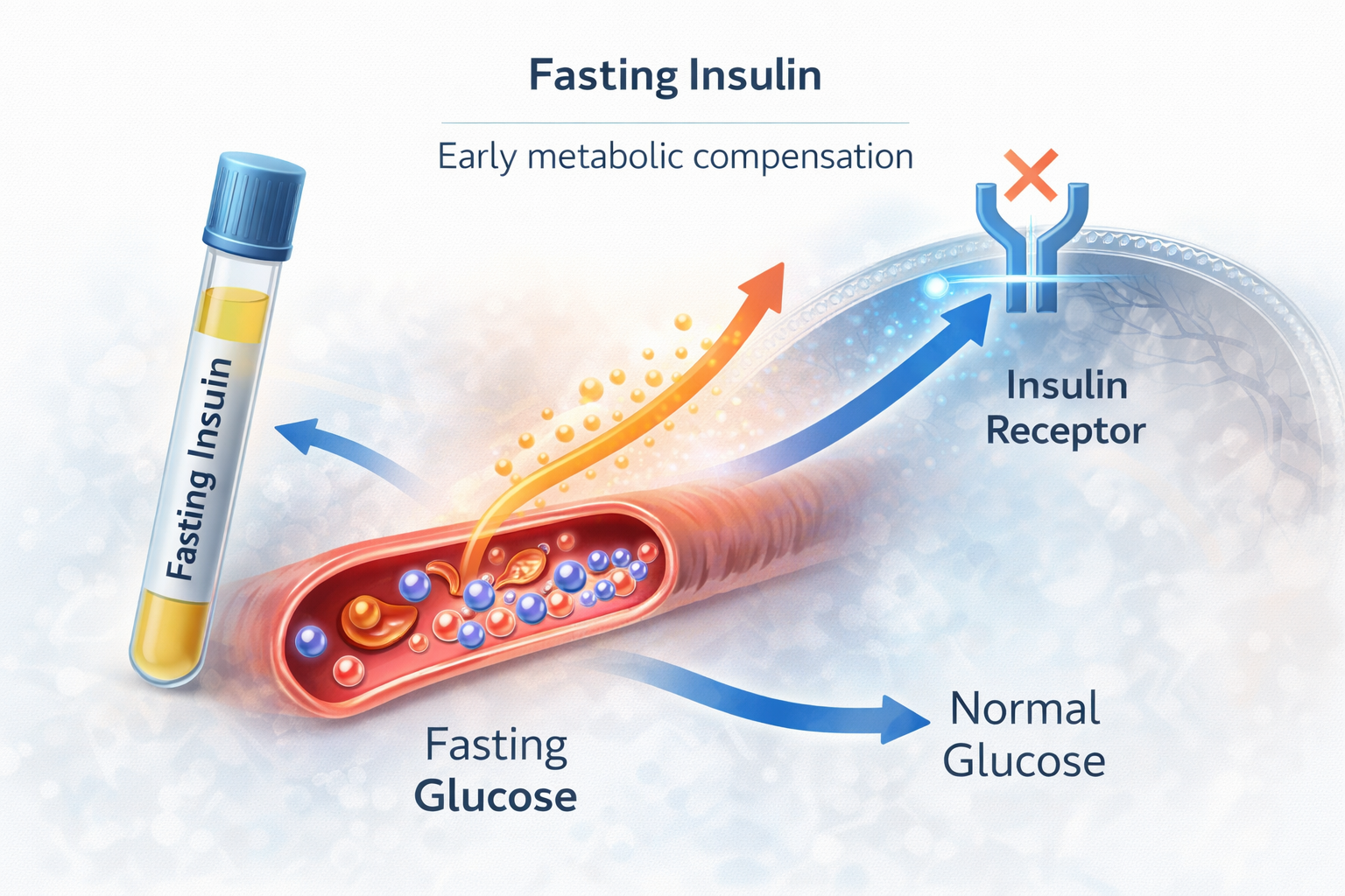 Fasting insulin clinical illustration showing early metabolic compensation and rising insulin before abnormal glucose develops