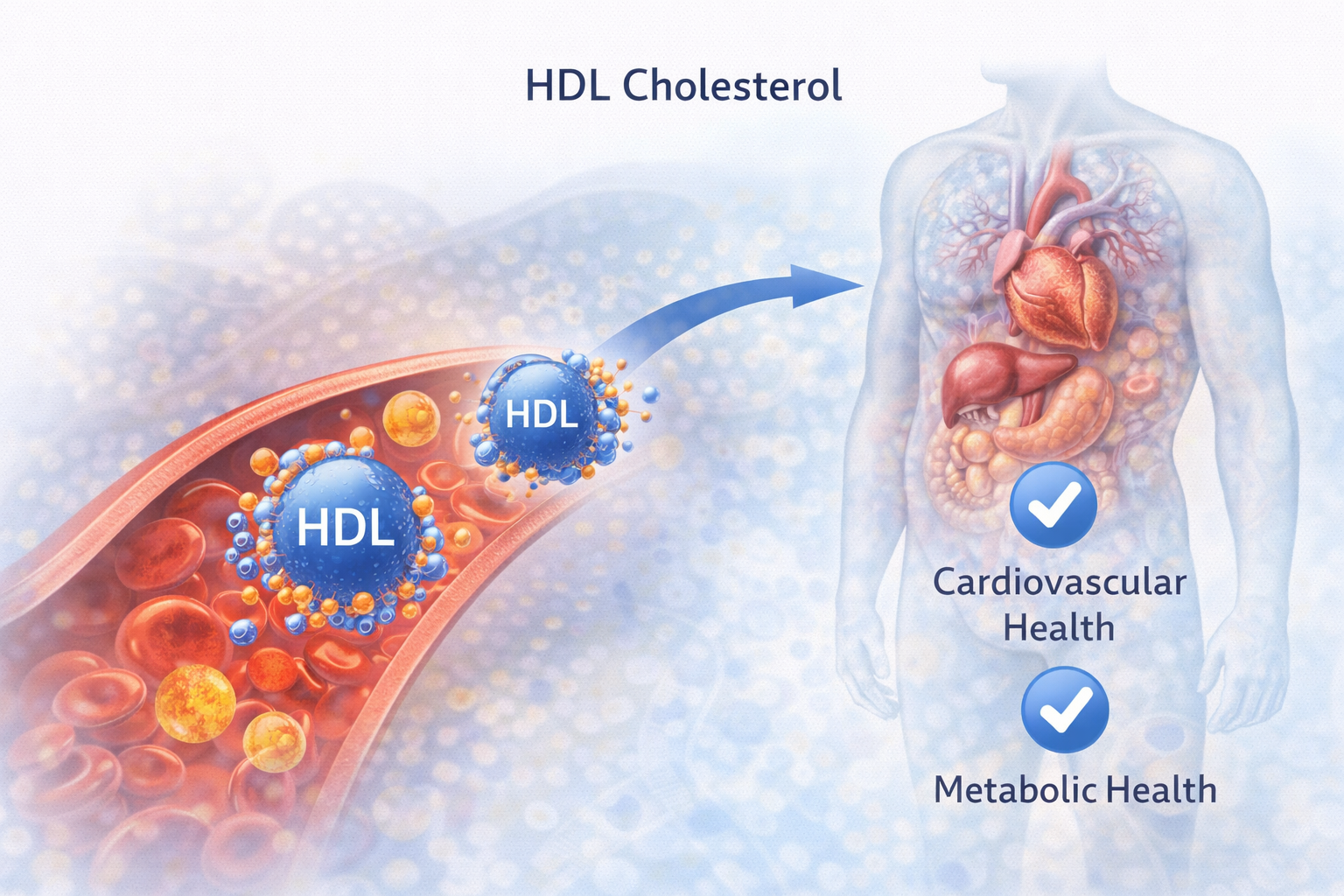 HDL cholesterol clinical illustration showing lipid transport and relationship to metabolic and cardiovascular health
