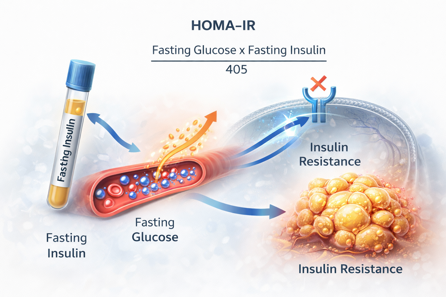 HOMA-IR clinical illustration showing relationship between fasting insulin, glucose levels, and insulin resistance