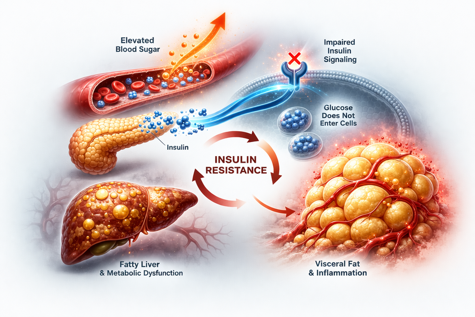 Insulin resistance clinical illustration showing impaired insulin signaling, rising blood sugar, and visceral fat-related metabolic dysfunction