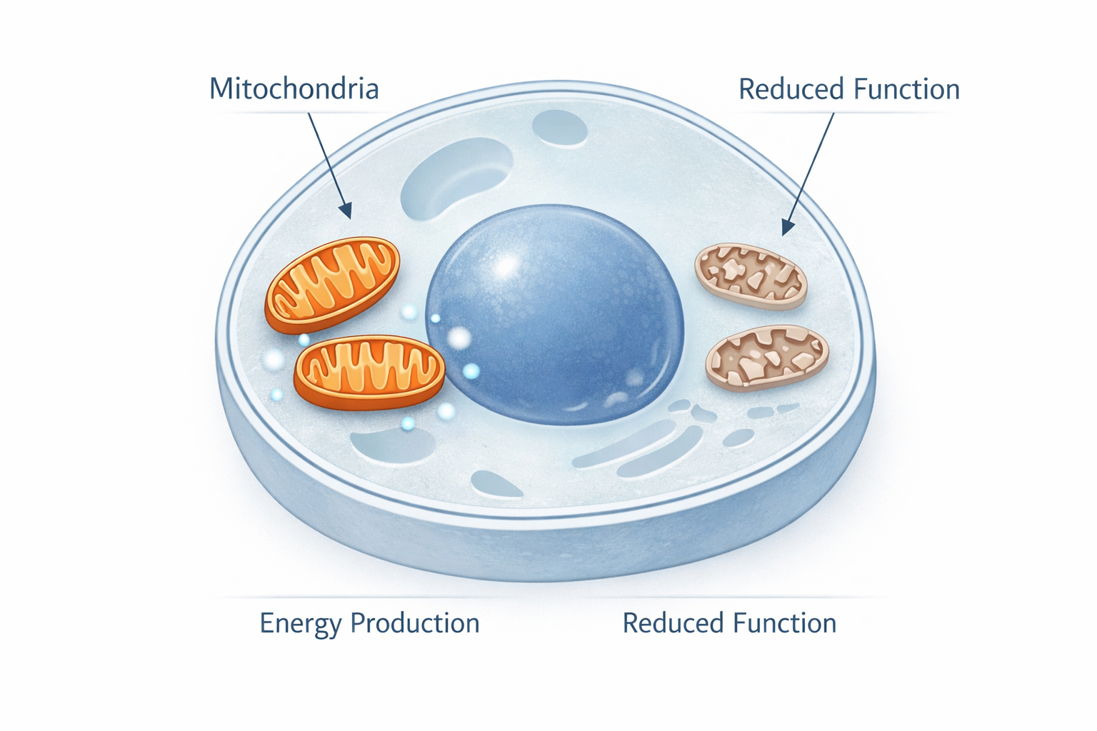 Mitochondrial decline clinical illustration showing reduced cellular energy production and aging-related metabolic changes