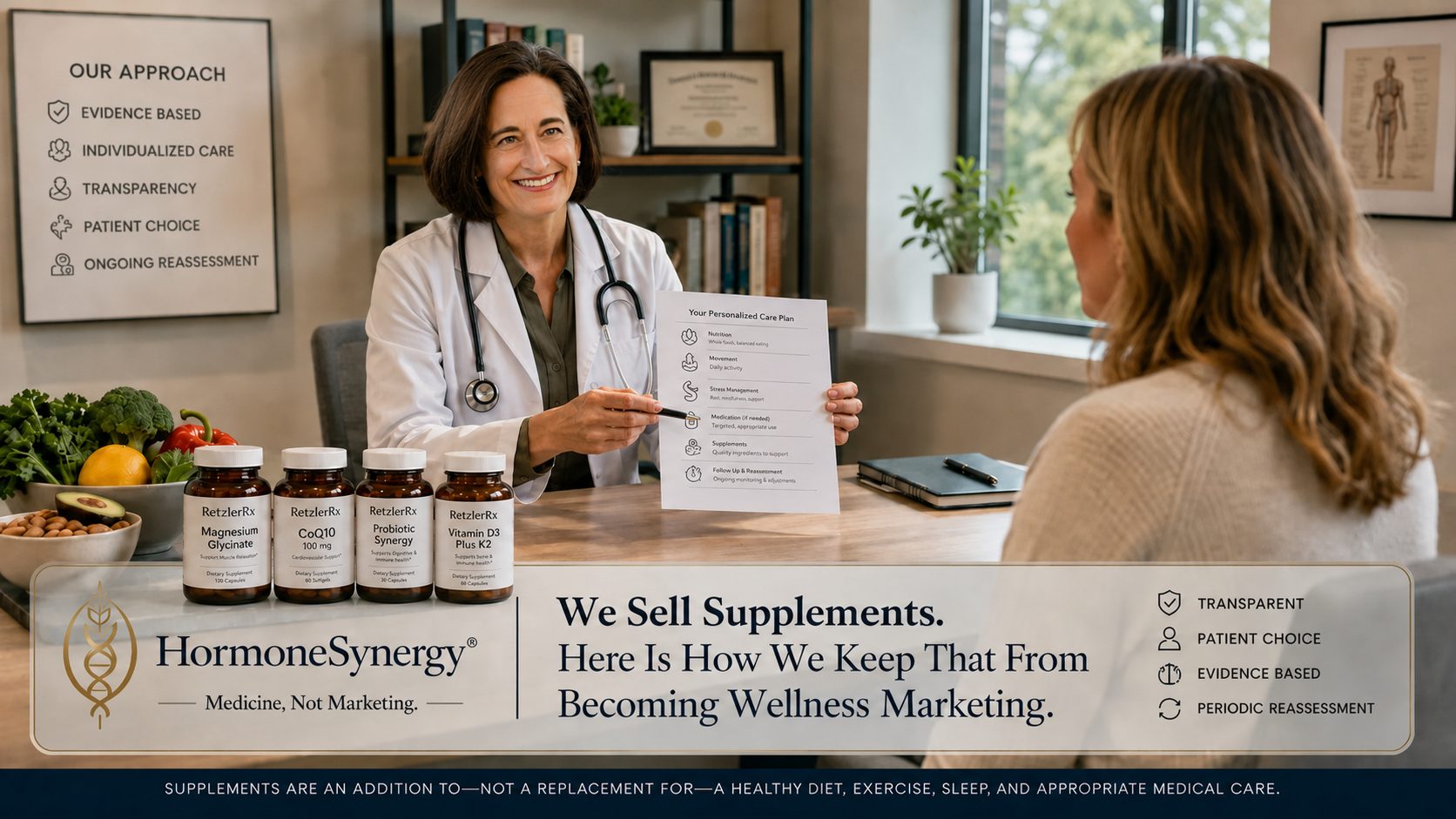 Dr. Kathryn Retzler discussing an individualized care plan with a patient at HormoneSynergy®, with RetzlerRx® supplements and the clinic’s evidence-based supplement philosophy displayed.