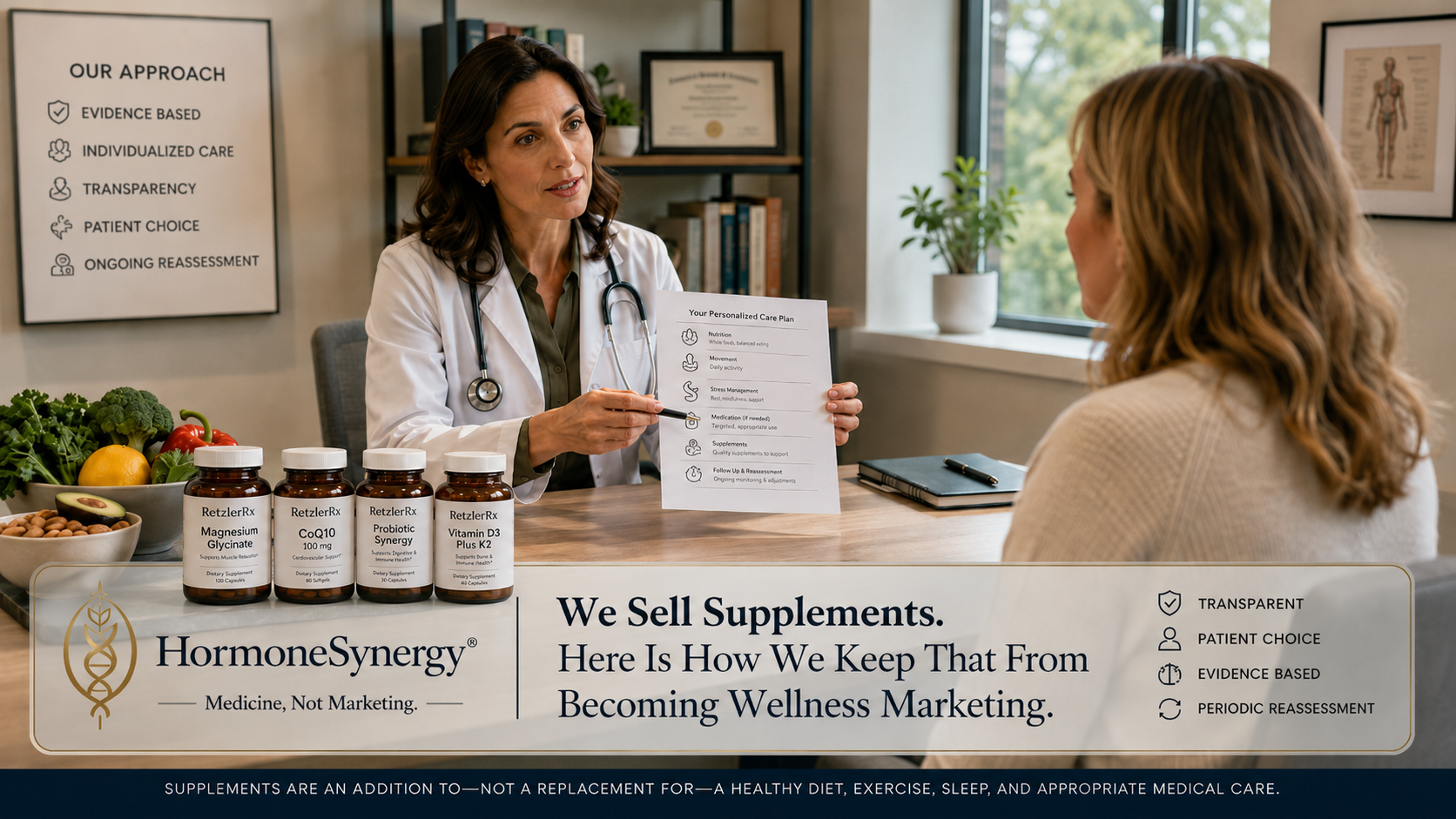 Female physician discussing a preventive care plan with a patient while a small selection of nutritional supplements and healthy whole foods sit nearby.