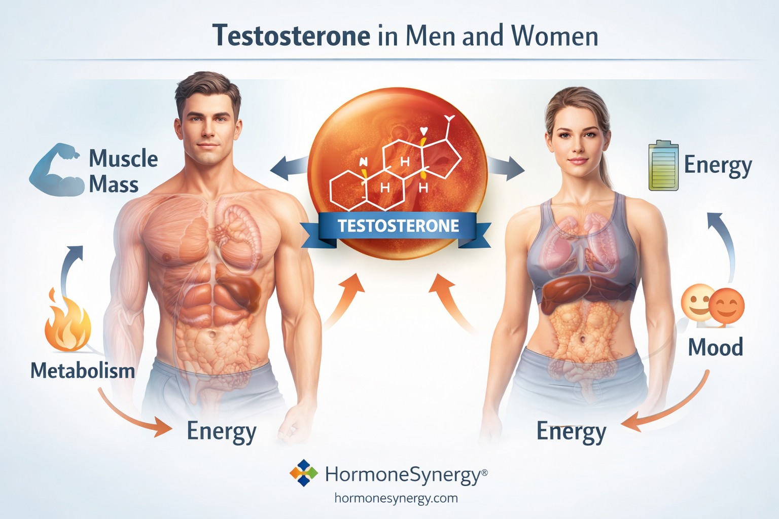 Testosterone clinical illustration showing hormone effects on muscle mass, metabolism, and energy in both men and women
