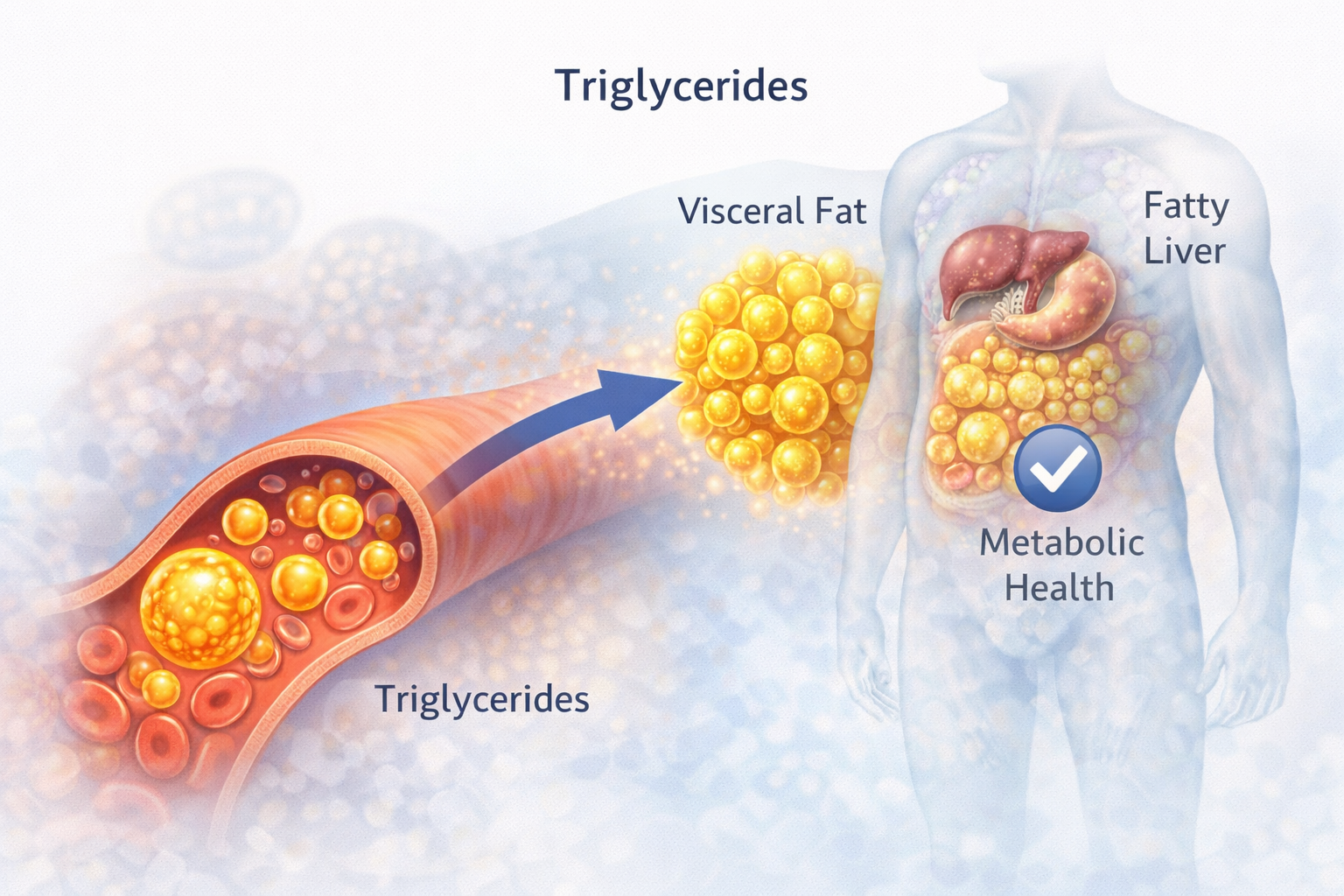 Triglycerides clinical illustration showing circulating blood lipids, fat storage, and metabolic health relationship