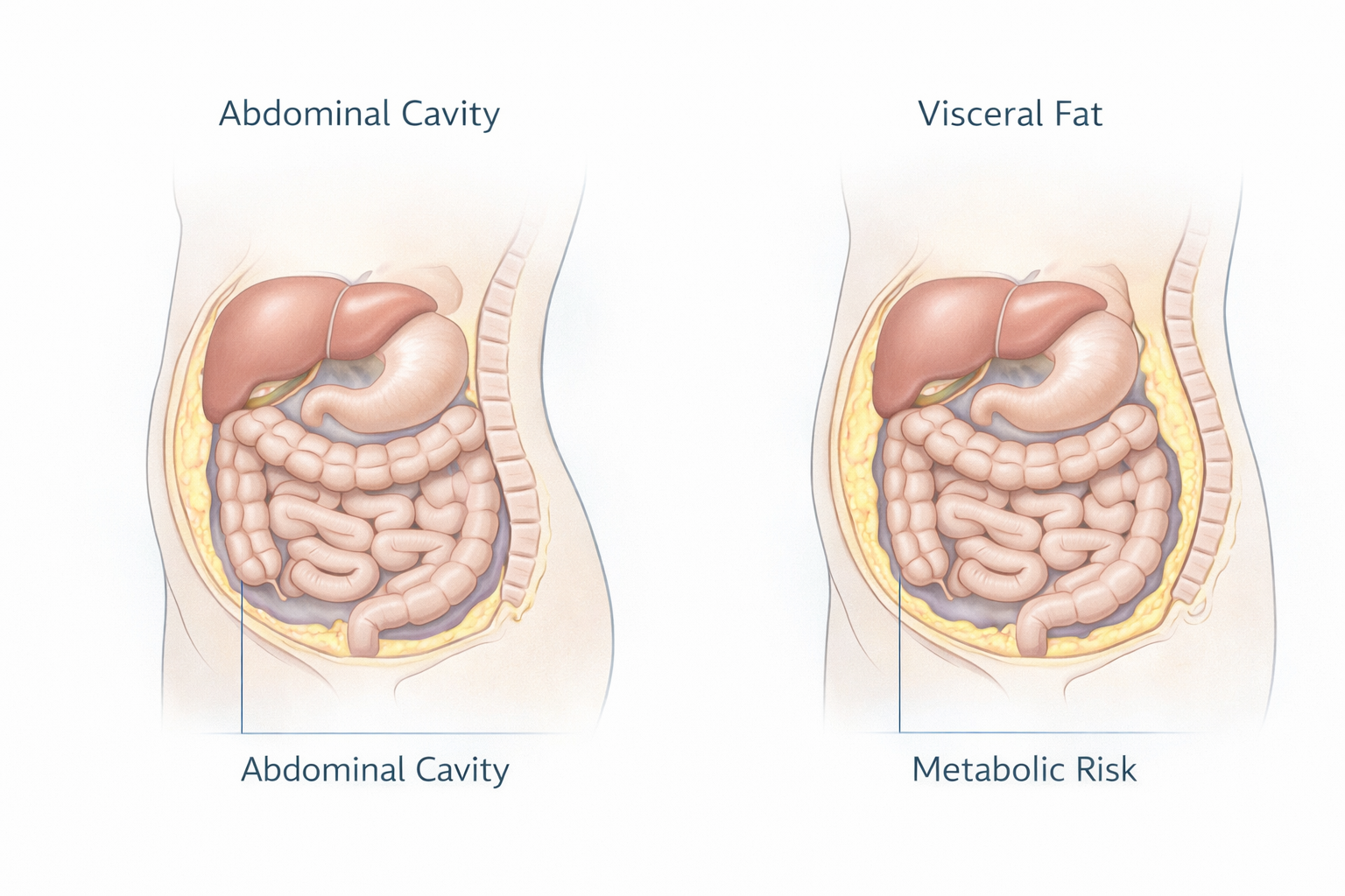 Visceral fat clinical illustration showing abdominal fat around internal organs and metabolic health risk