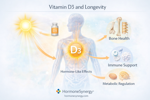 Vitamin D3 clinical illustration showing sunlight exposure, bone health, immune support, and systemic hormone-like effects