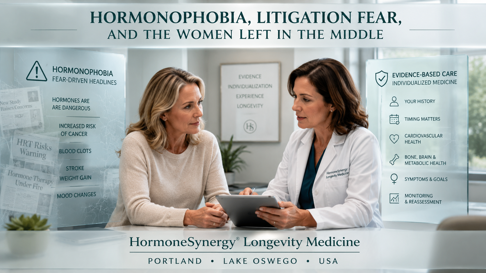 Middle-aged woman discussing menopause hormone therapy with a female physician in a calm clinical setting for HormoneSynergy Longevity Medicine in Portland and Lake Oswego.