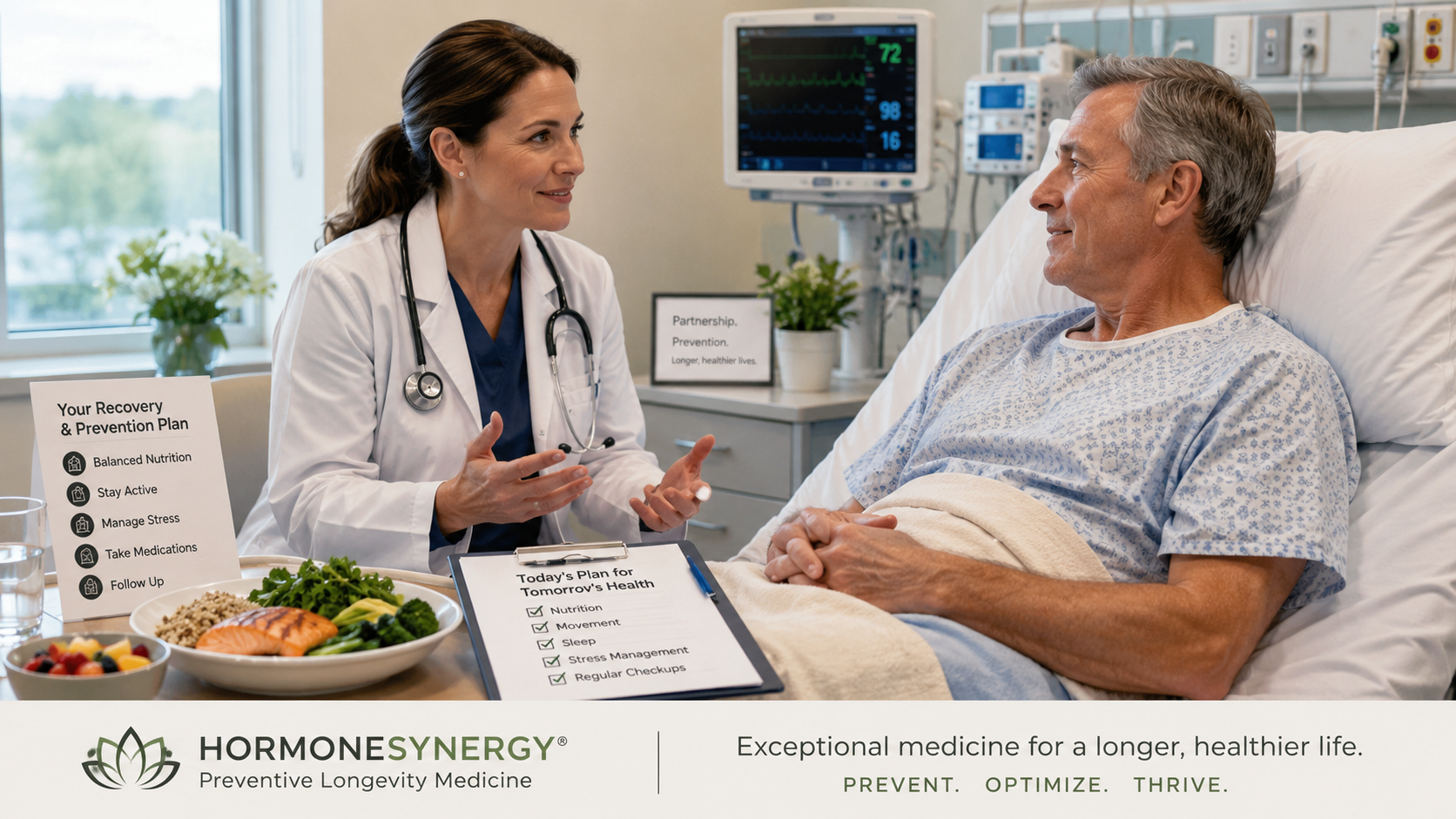 Hospital physician discussing recovery, nutrition and preventive health responsibilities with a patient.
