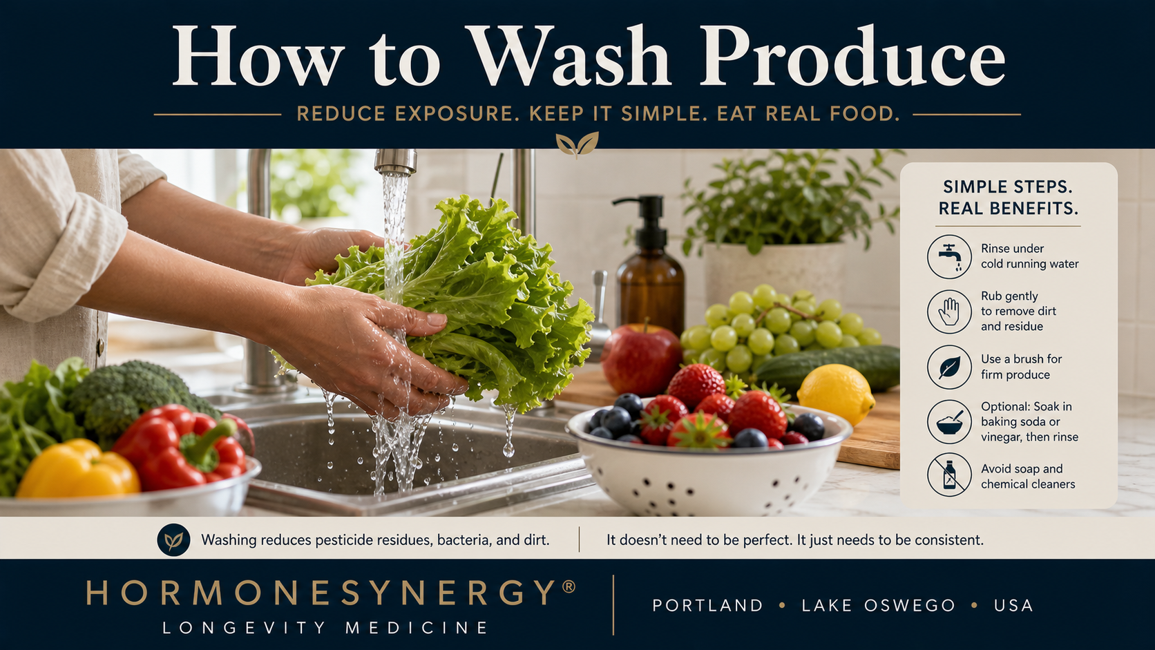 Clinical editorial image showing proper washing of fruits and vegetables to reduce exposure while maintaining a practical approach to nutrition and longevity.