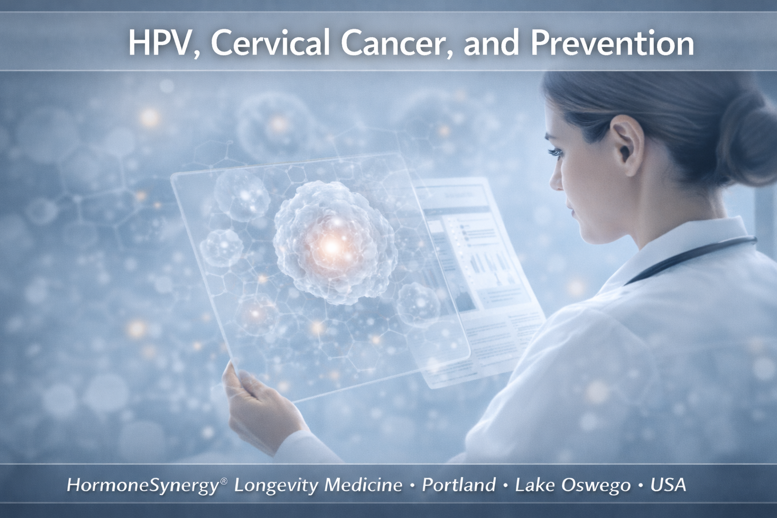 HPV and cervical cancer prevention banner showing a clinical screening-focused medical visualization with subtle cellular overlays.