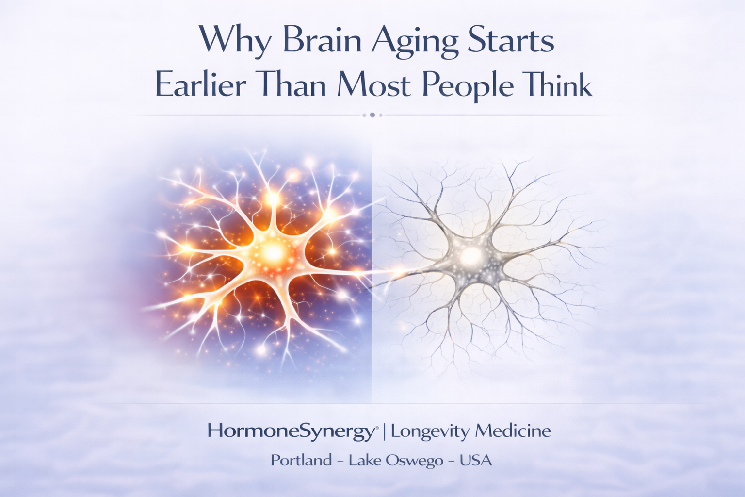 Medical illustration showing early brain aging and neuron decline compared with healthy brain neurons highlighting prevention strategies for cognitive longevity