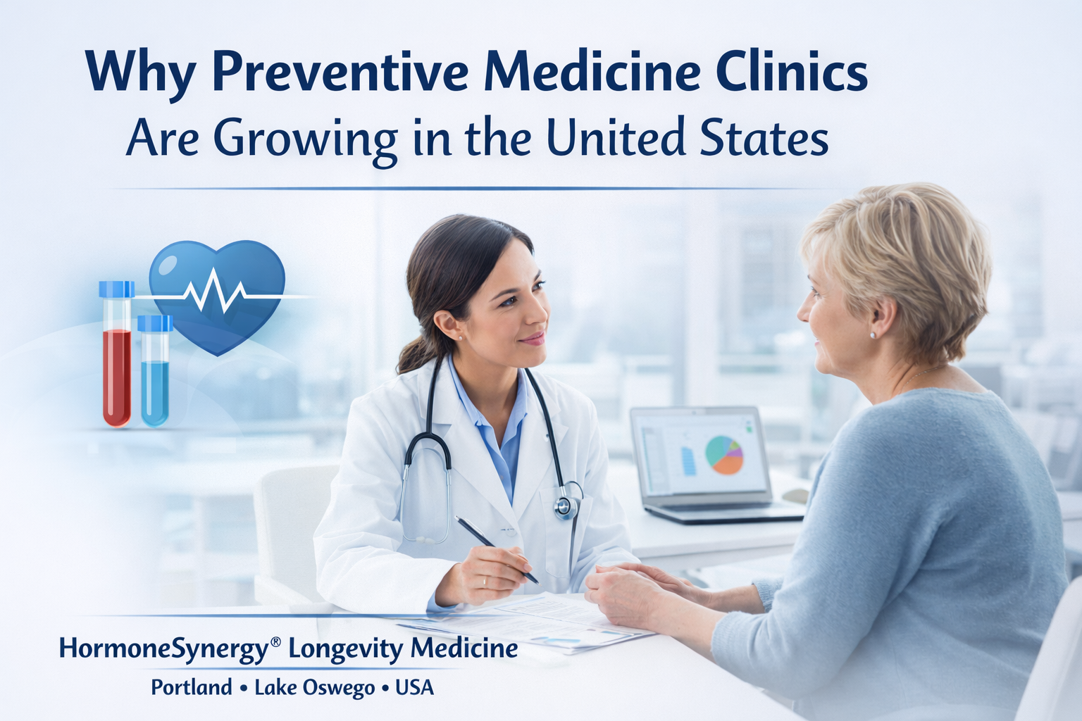 Preventive medicine doctor discussing metabolic health, lifestyle medicine, and early disease detection with a patient in a longevity medicine clinic in the United States