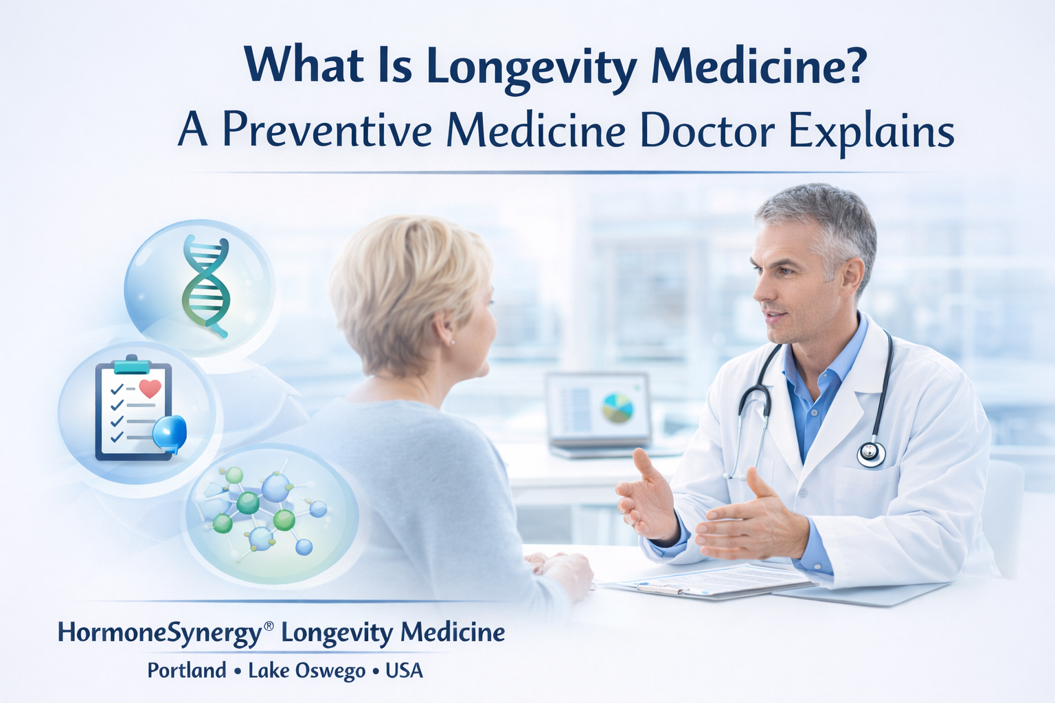 Preventive longevity medicine doctor explaining metabolic health, advanced diagnostics, and personalized prevention strategies to a patient during a longevity medicine consultation