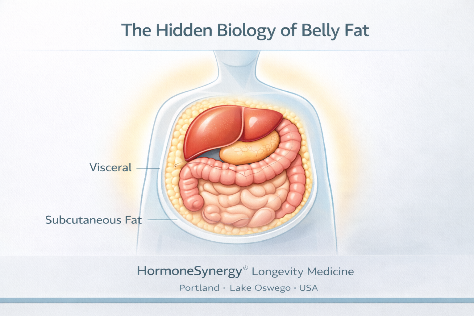 Medical diagram showing visceral fat surrounding abdominal organs and subcutaneous fat under the skin explaining belly fat biology and metabolic risk — HormoneSynergy preventive longevity medicine Portland Lake Oswego USA