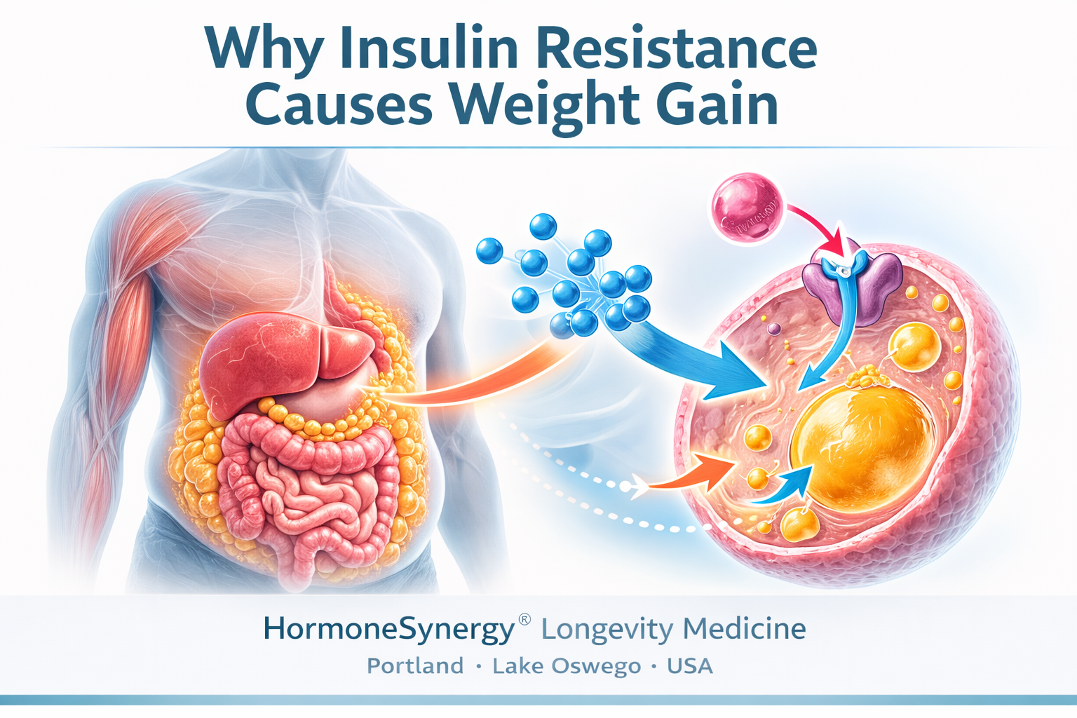 Medical diagram explaining insulin resistance and fat storage in adipose cells showing insulin signaling, glucose uptake, and increased fat storage — HormoneSynergy preventive longevity medicine Portland Lake Oswego USA