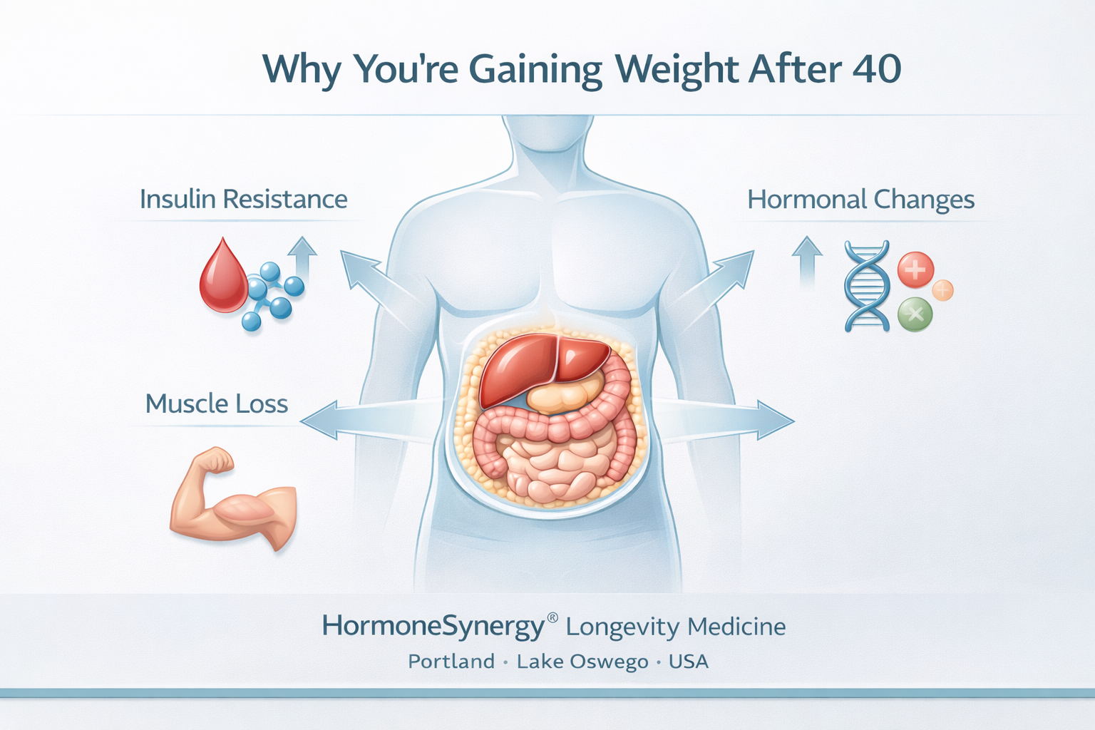 Medical diagram explaining weight gain after age 40 showing visceral fat accumulation, hormonal changes, insulin resistance, and metabolic slowdown — HormoneSynergy® preventive longevity medicine Portland Lake Oswego USA