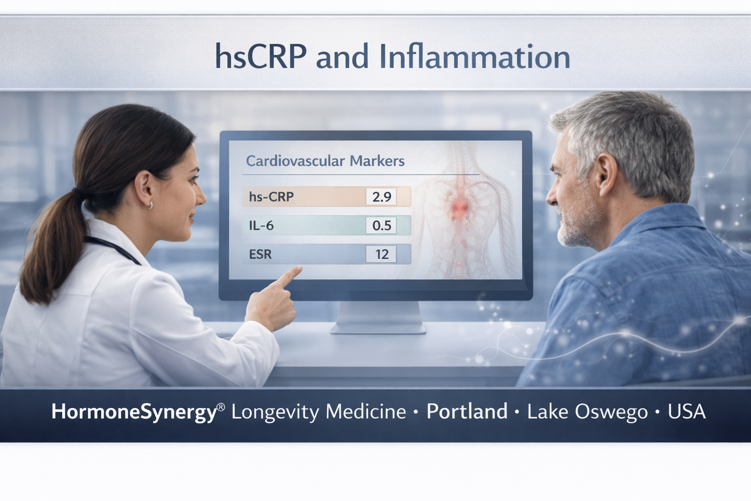 hsCRP inflammation and cardiovascular risk concept showing physician reviewing lab markers in clinical setting HormoneSynergy Portland Oregon USA