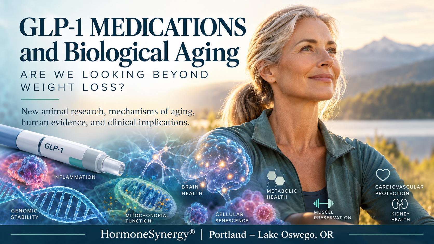 HormoneSynergy editorial image illustrating research into GLP-1 medications, cellular aging, metabolic health, and longevity in older adults.