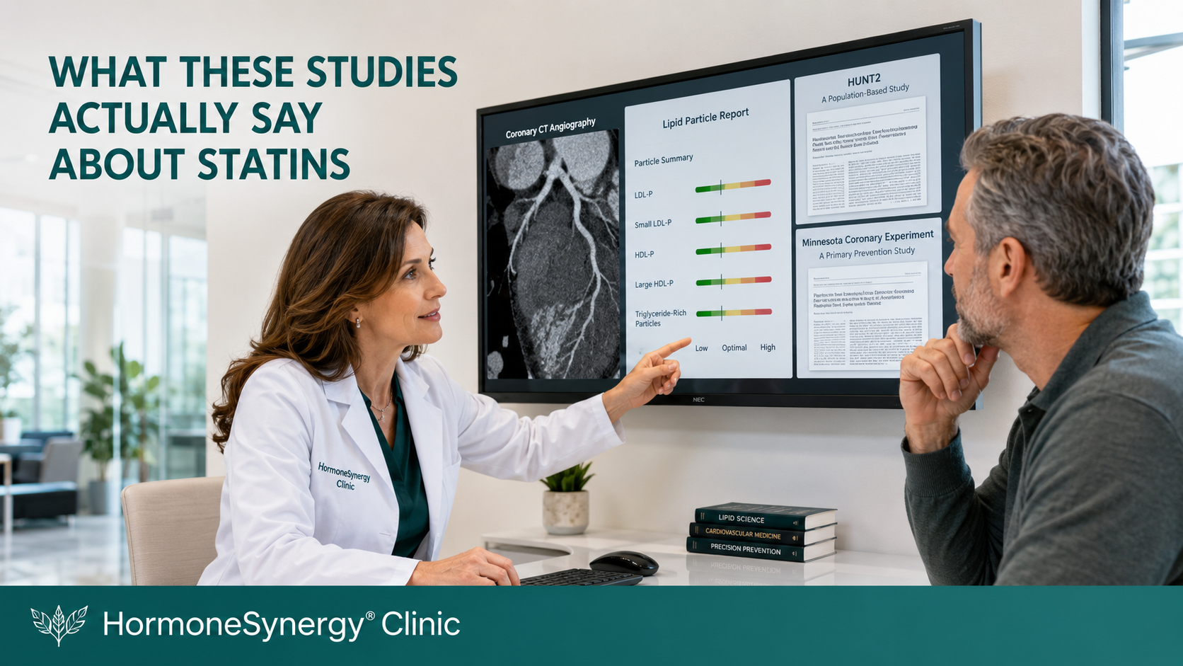 Physician reviewing HUNT2, Minnesota Coronary Experiment, statin evidence, and cardiovascular imaging with a patient at HormoneSynergy Clinic.
