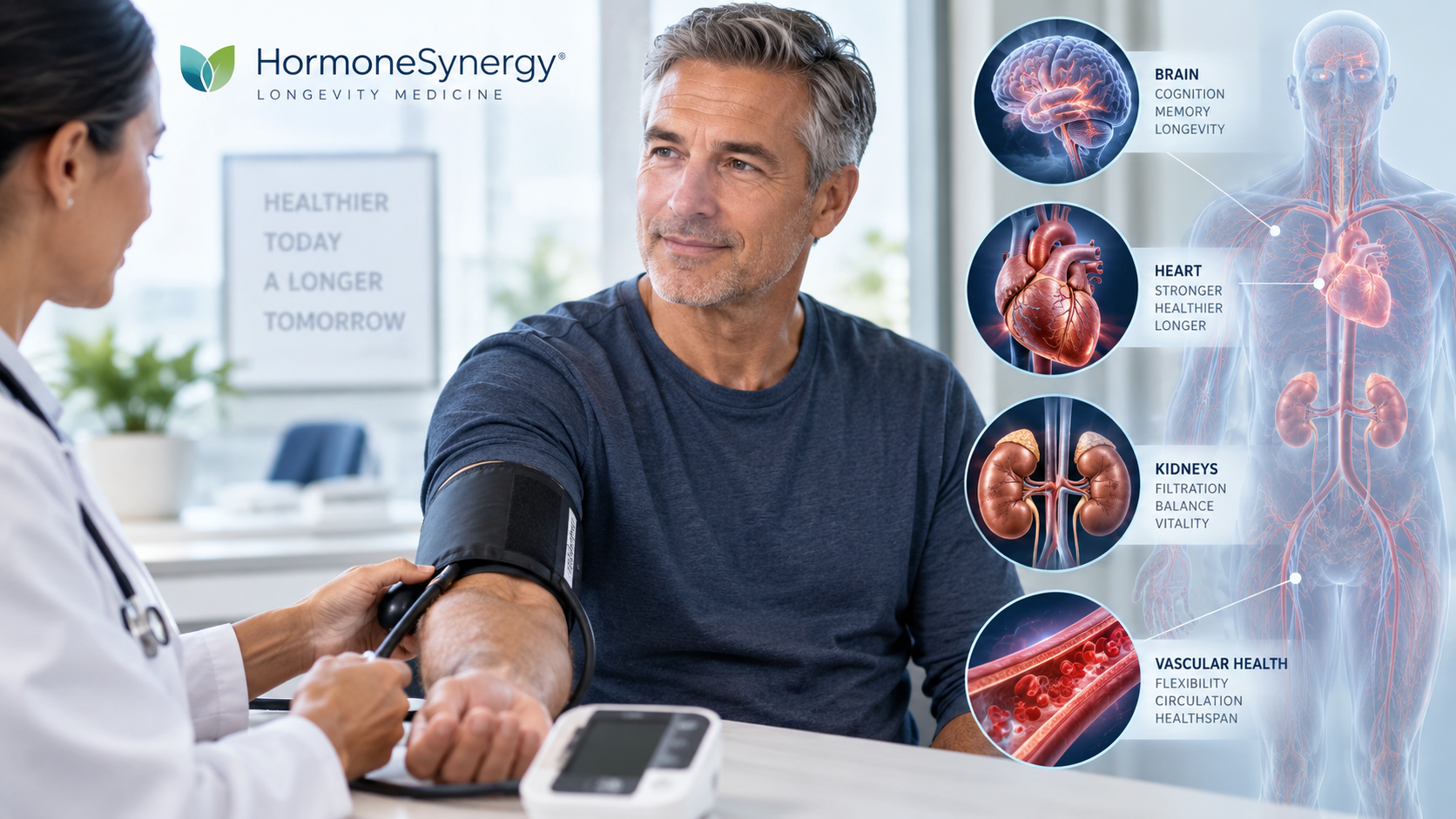 Blood pressure measurement illustrating the effects of hypertension on heart, brain, kidney and vascular health in longevity medicine.