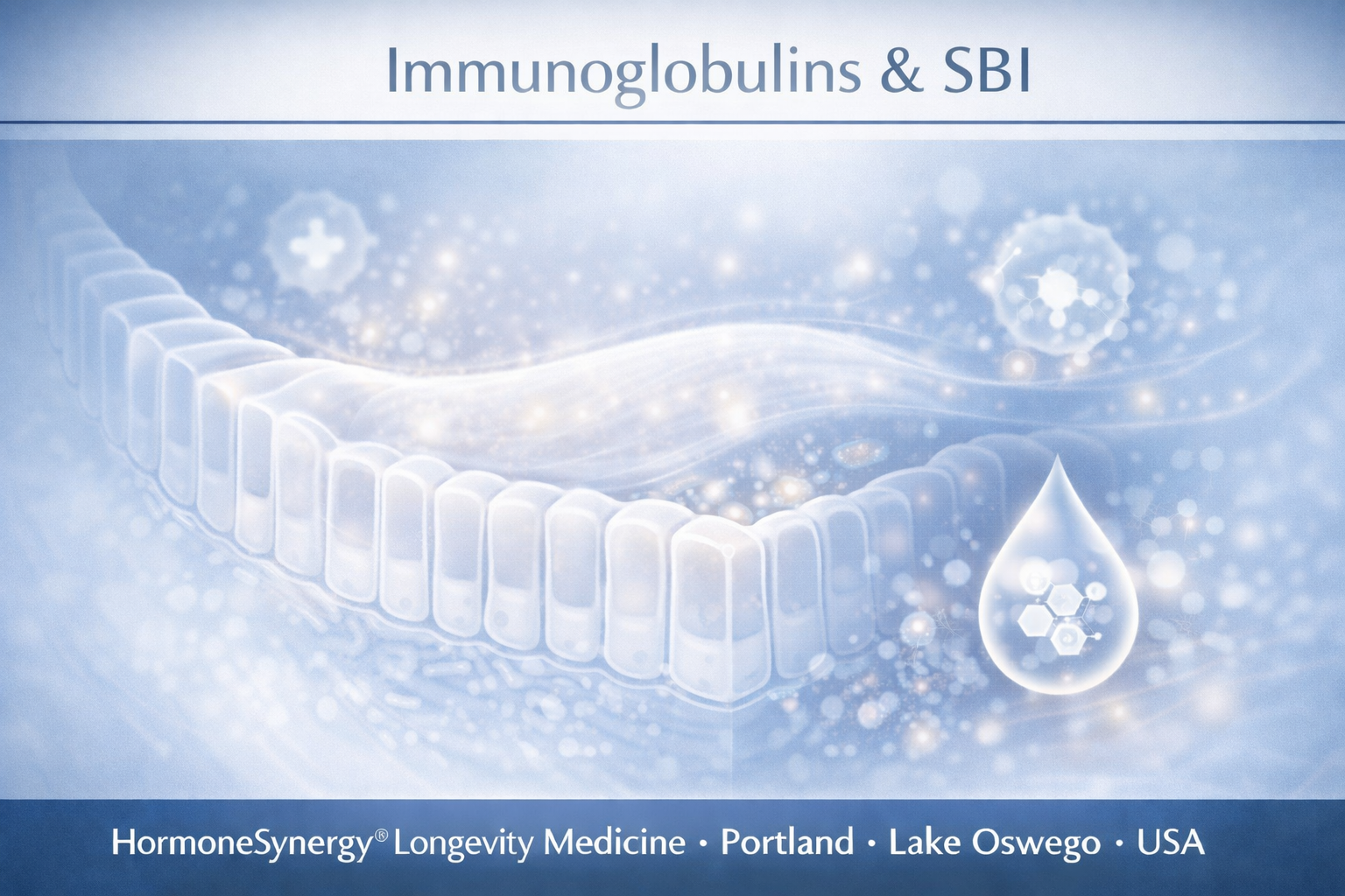 Immunoglobulins and SBI support for gut barrier integrity shown in a clean clinical editorial style for HormoneSynergy® Longevity Medicine