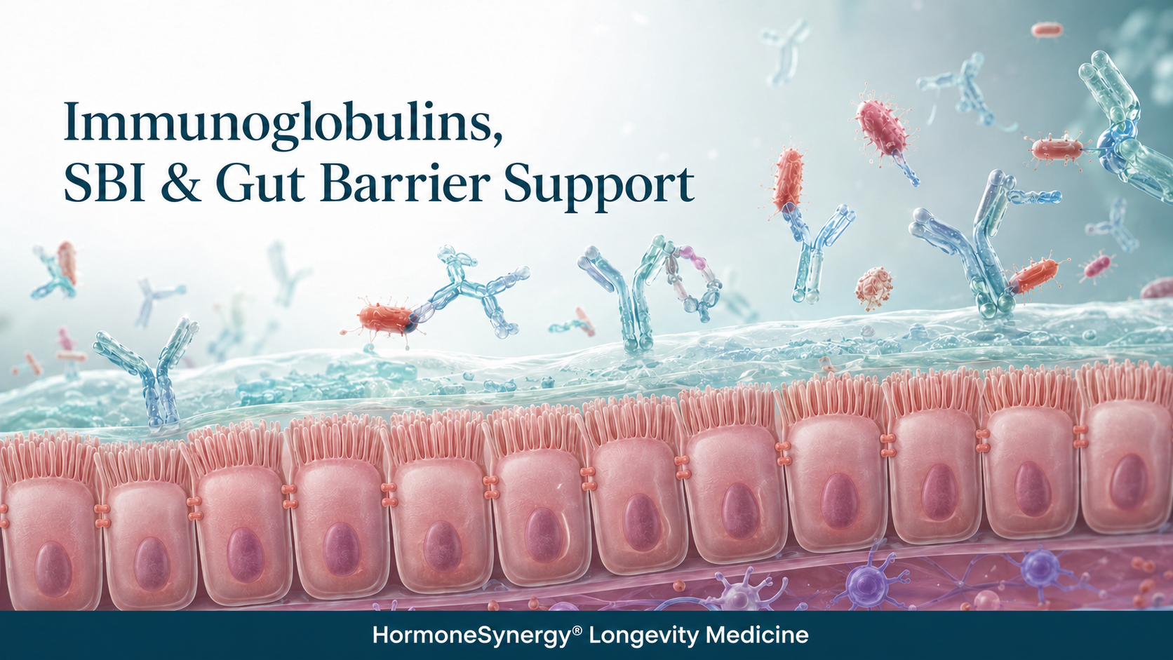 Immunoglobulins binding microbial compounds above an intact intestinal barrier, illustrating SBI gut-immune support.